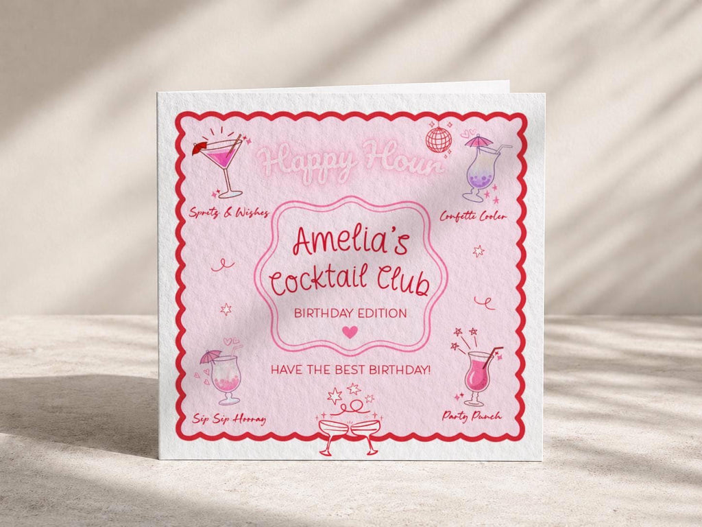 Personalised Cocktail Club Birthday Card, Pink & Red Theme For Cocktail Lover