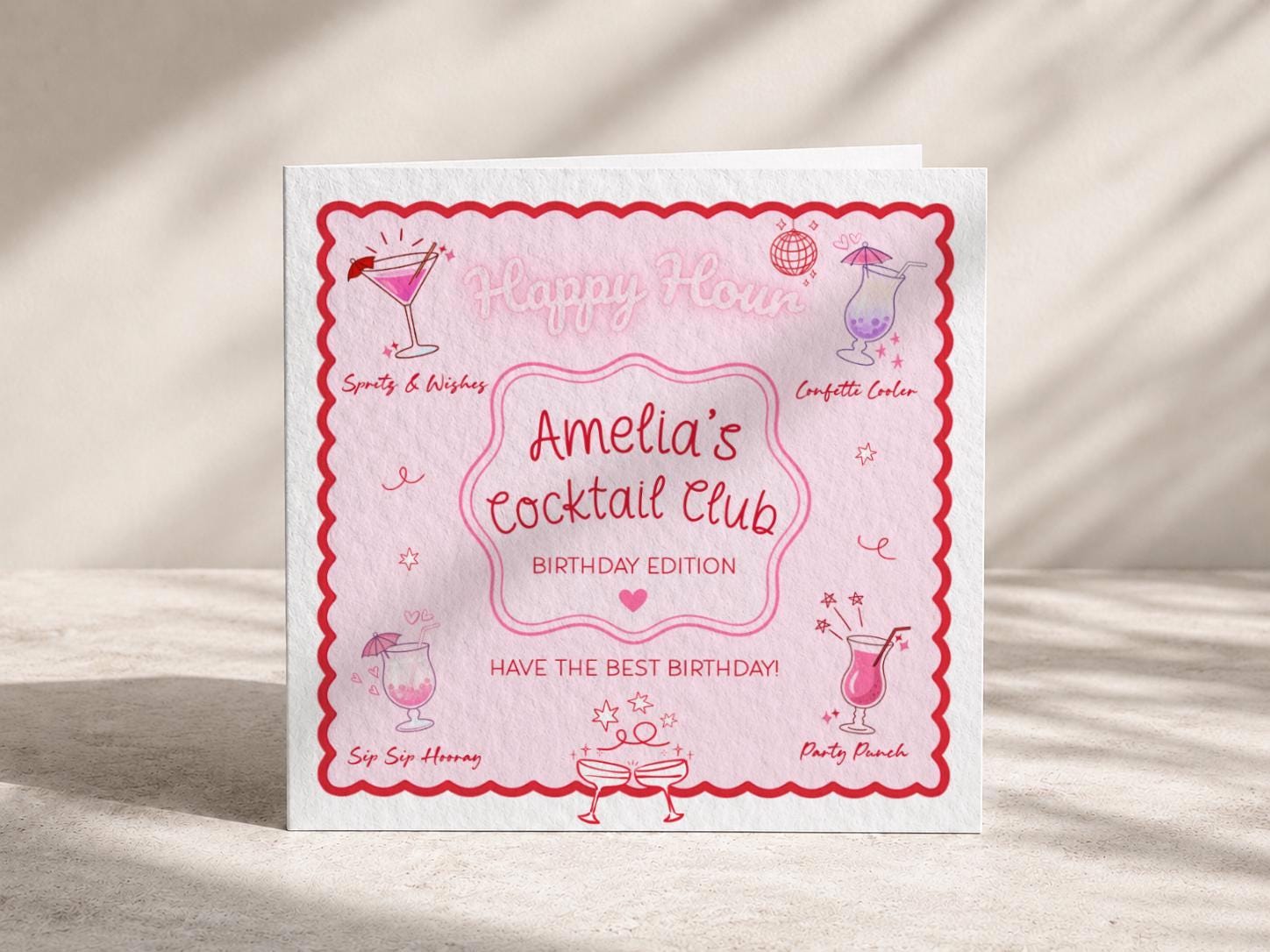 Personalised Cocktail Club Birthday Card, Pink & Red Theme For Cocktail Lover