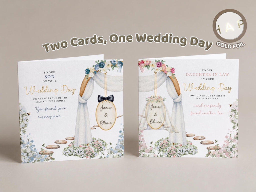 Wedding Card Set for Son, Daughter, In-Laws, From Parents (Gold Foil)  Two Personalised Cards
