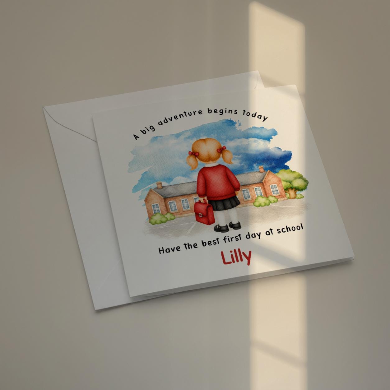 First day at school card for girl, New Starter Card, Custom Name and Uniform