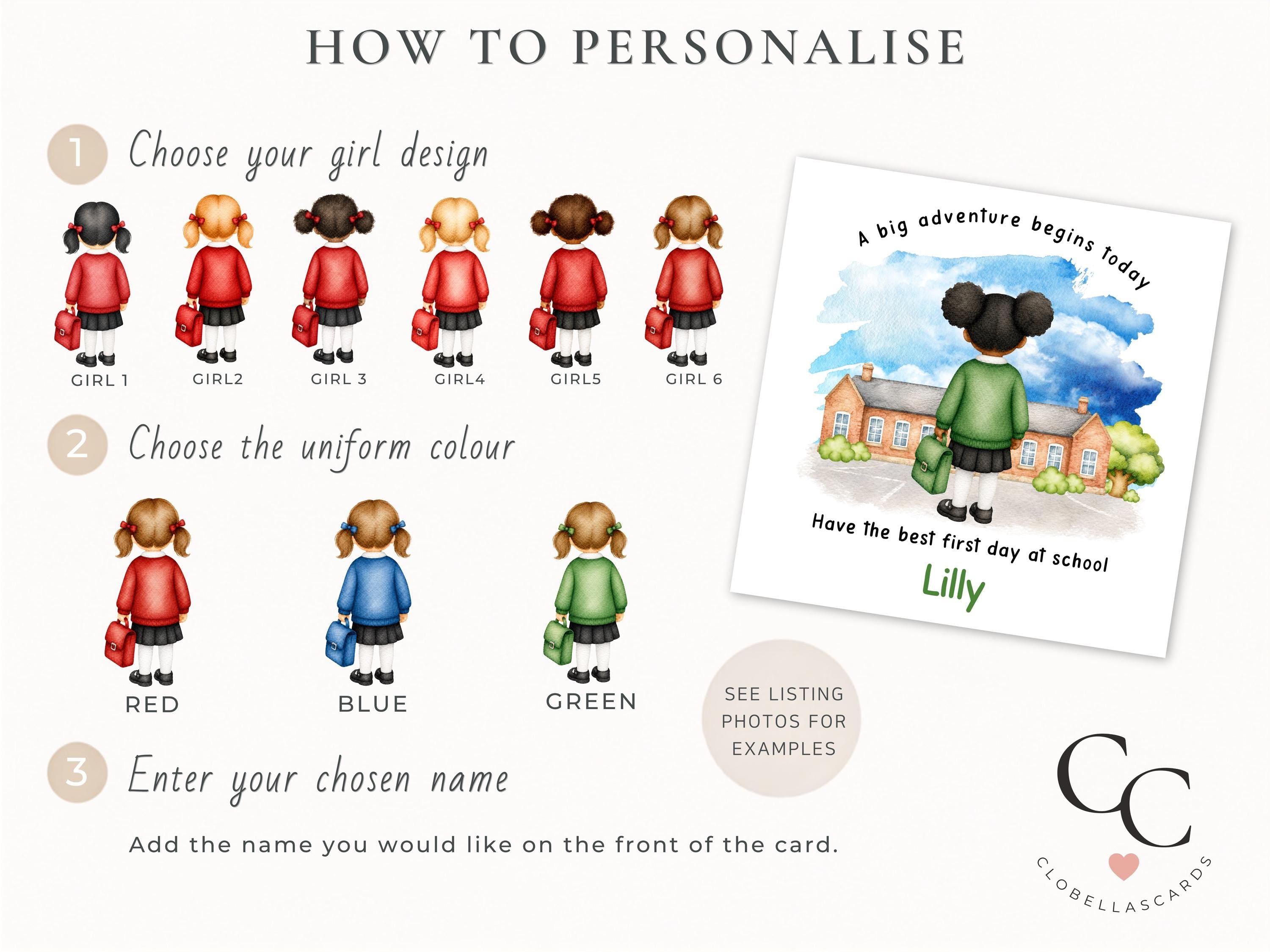 First day at school card for girl, New Starter Card, Custom Name and Uniform