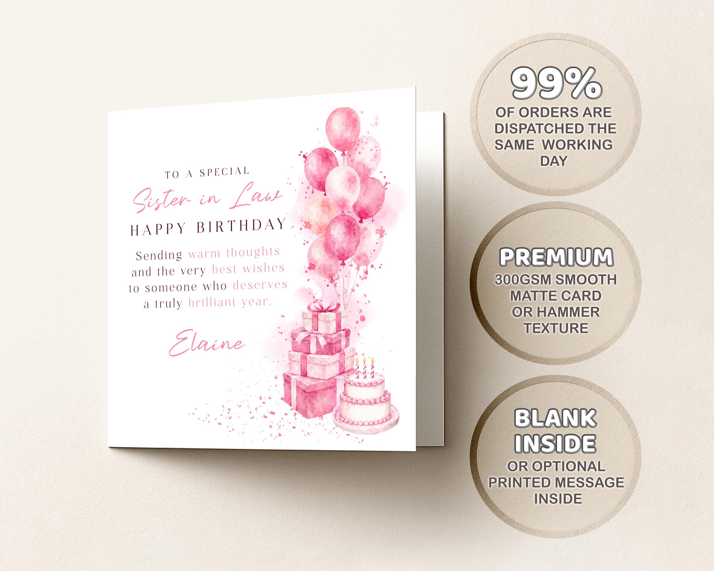 Sister In Law Birthday Card, Personalised Card For Her,  Pink Balloons, Gifts & Cake