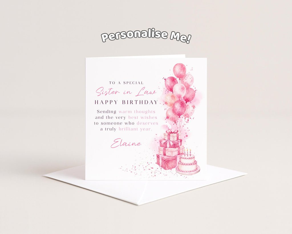 Sister In Law Birthday Card, Personalised Card For Her,  Pink Balloons, Gifts & Cake