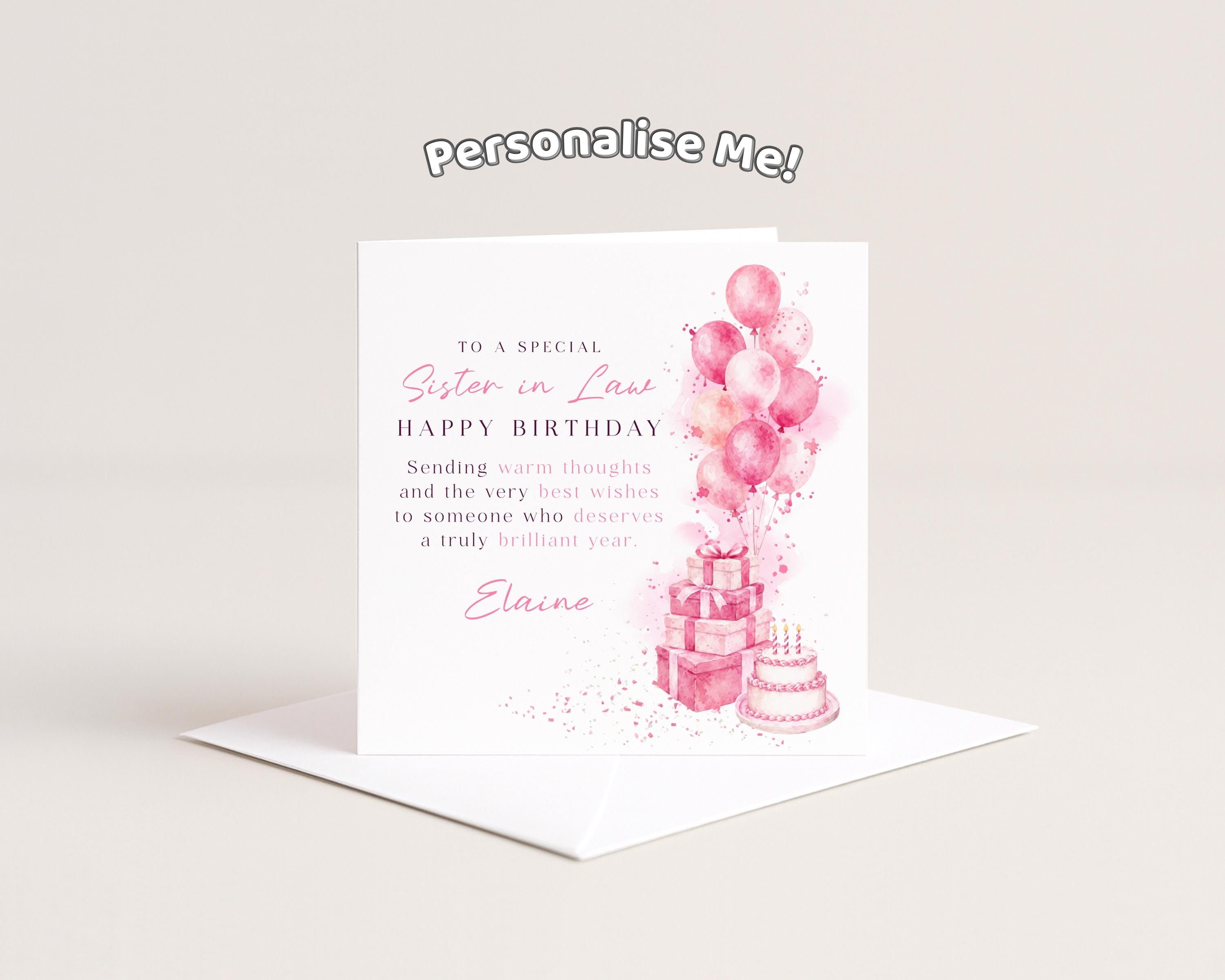 Sister In Law Birthday Card, Personalised Card For Her,  Pink Balloons, Gifts & Cake