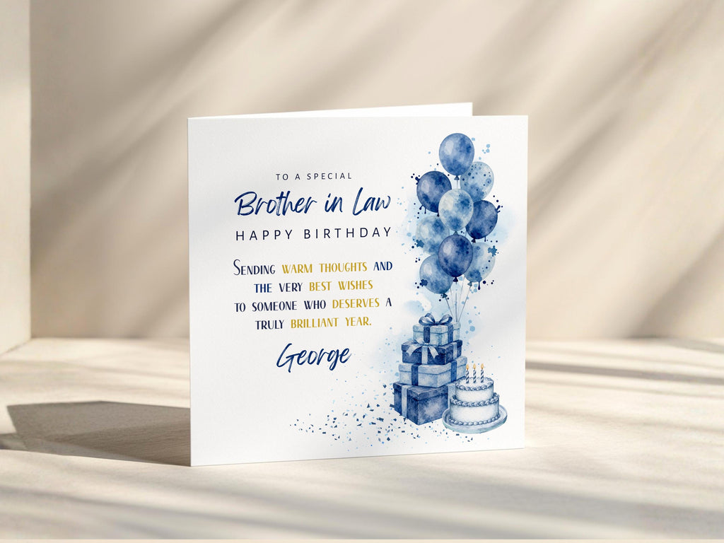 Brother In Law Birthday Card Personalised For Him With Blue Balloons Presents And Cake