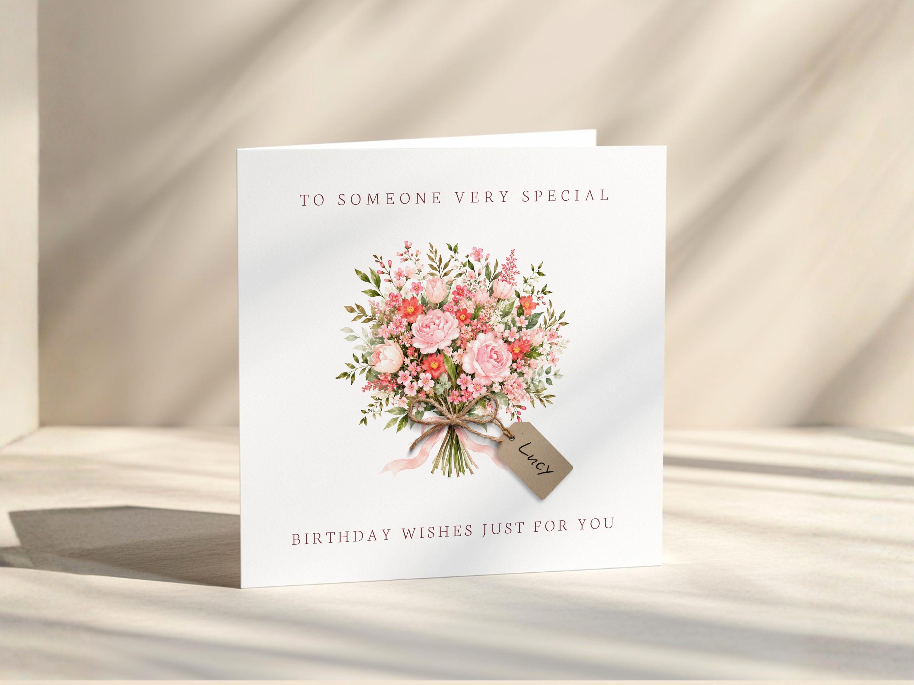 Personalised Birthday Card For Her With Flowers And Name Tag For Mum Or Friend
