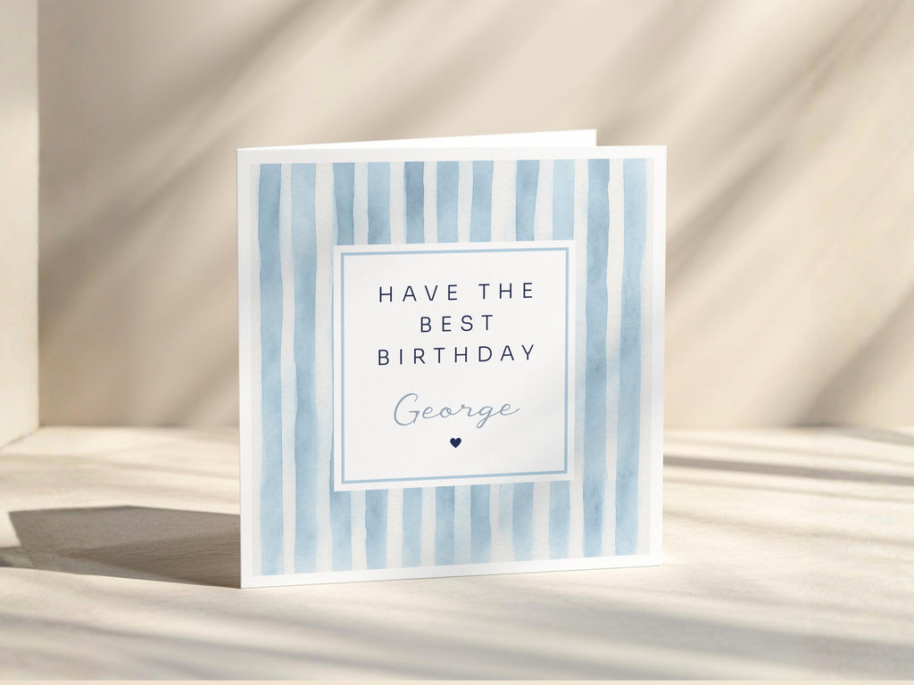 Personalised Birthday Card For Him, Blue Stripe Design For Son Brother Friend