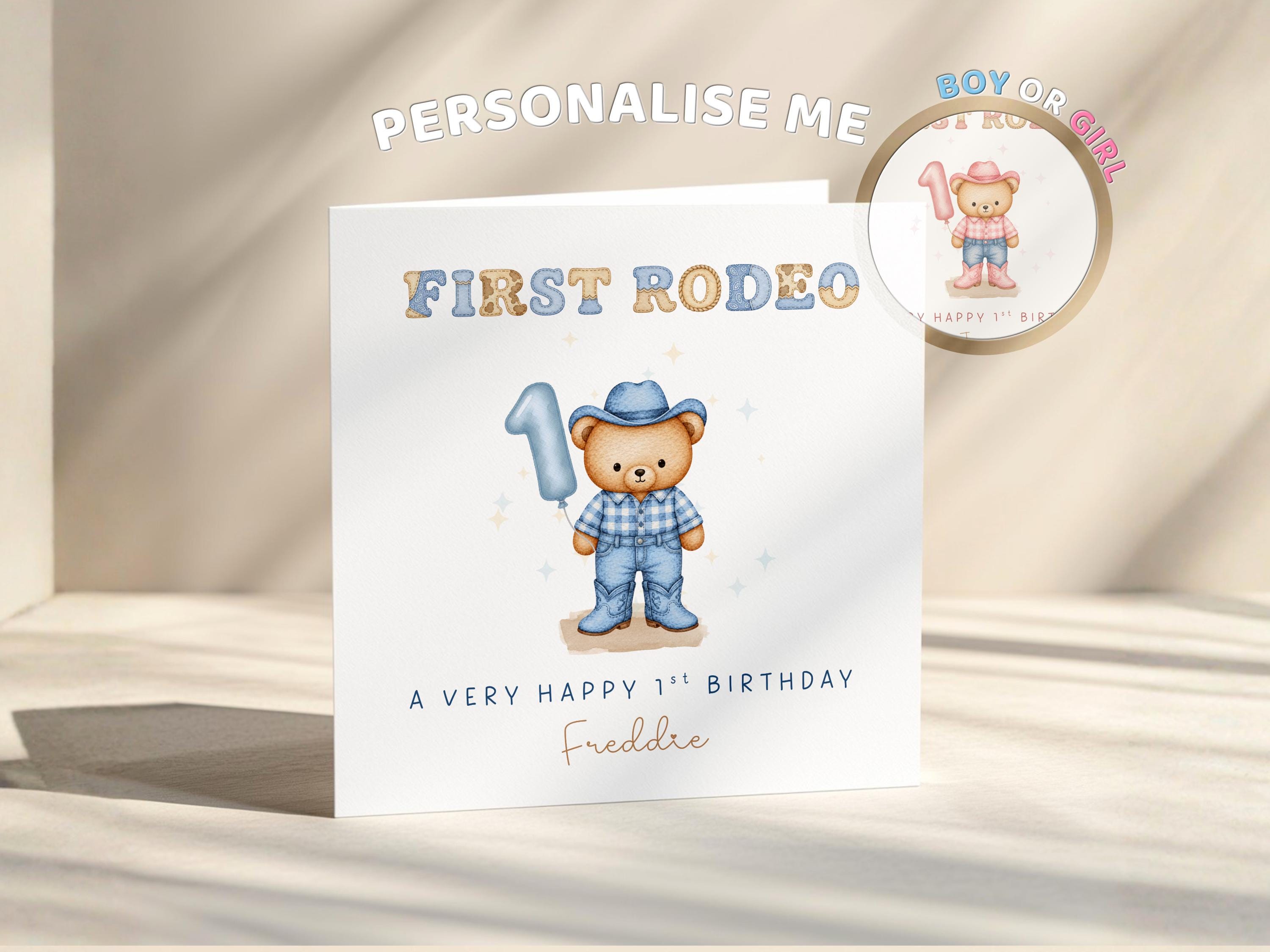 First Rodeo Personalised 1st Birthday Card For Baby Boy And Girl Cowgirl, Cowboy Teddy
