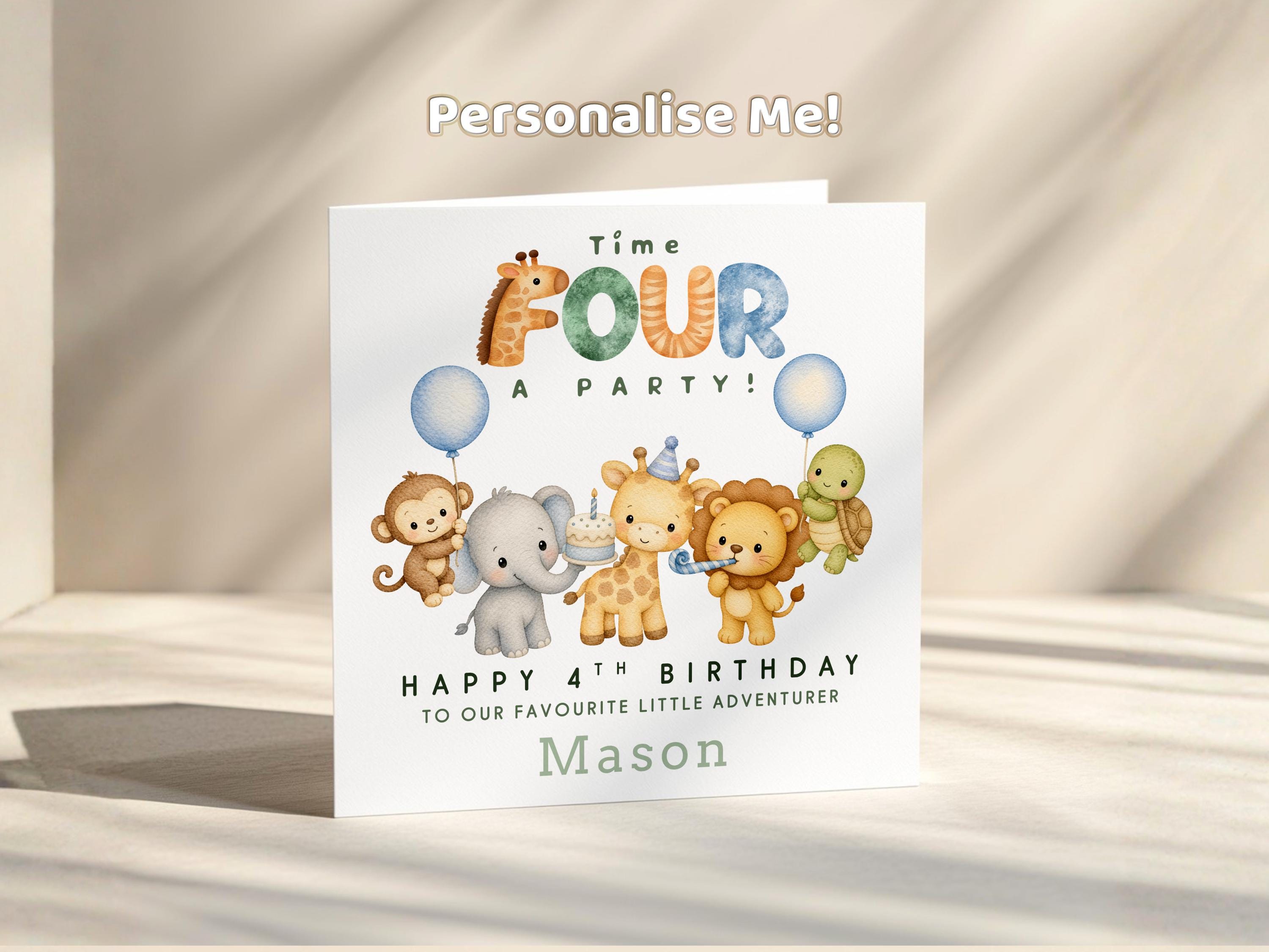 4th Birthday Card personalised For A Boy, Safari Animals, Custom Name, Age Four