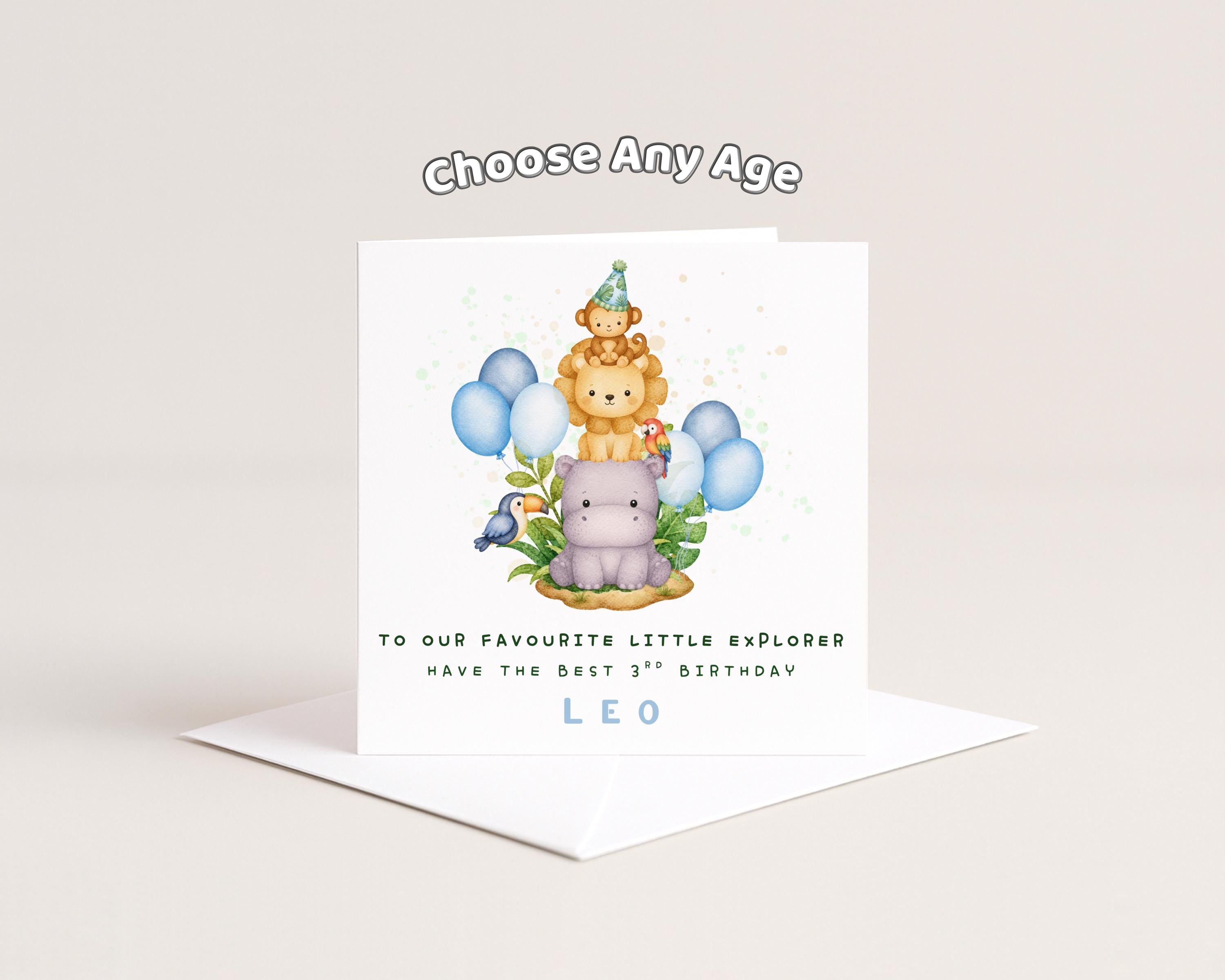 Safari Birthday Card for Boys, Personalised Name & Age Birthday, Animal Theme, Son, Grandson