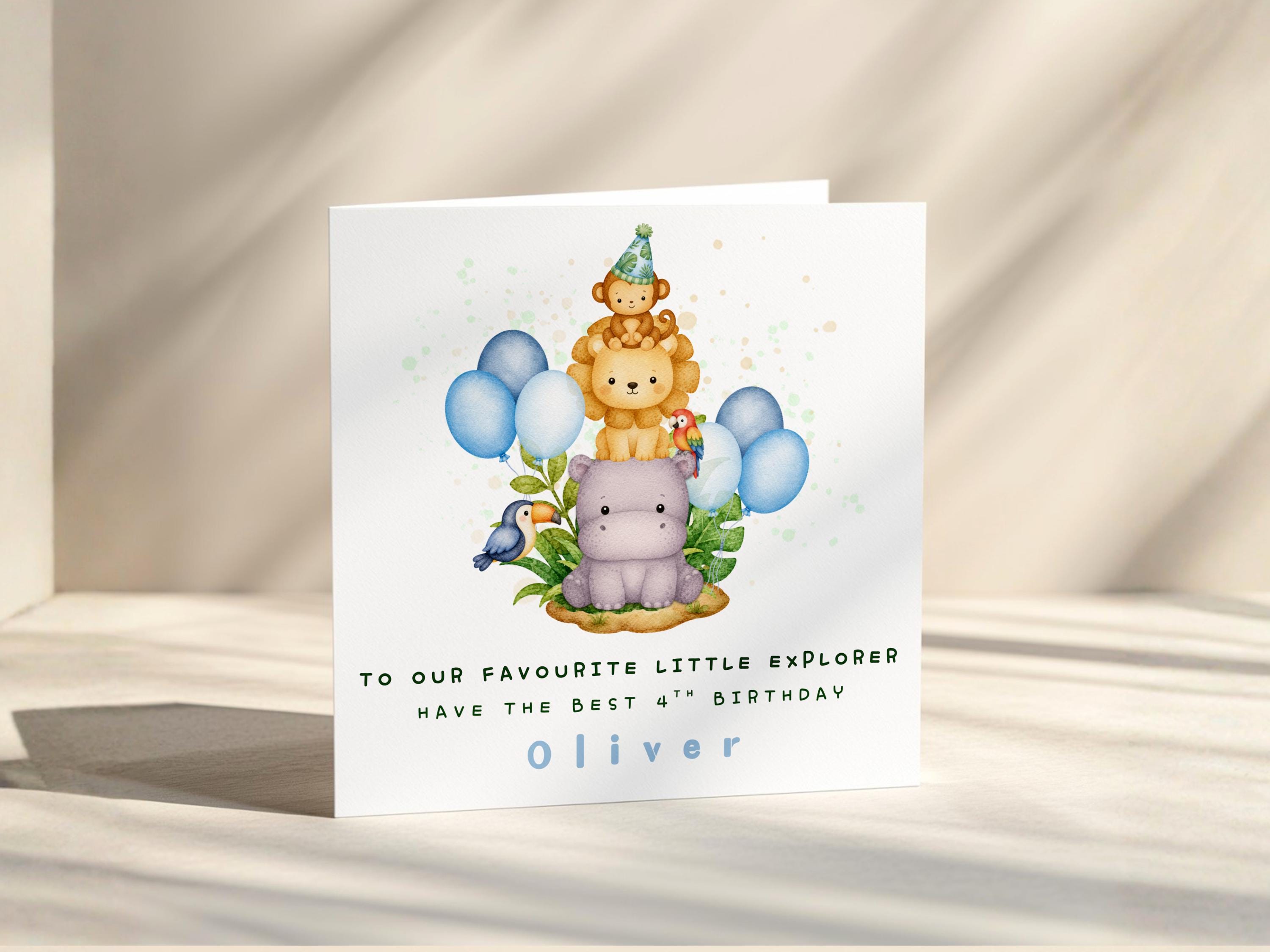 Safari Birthday Card for Boys, Personalised Name & Age Birthday, Animal Theme, Son, Grandson