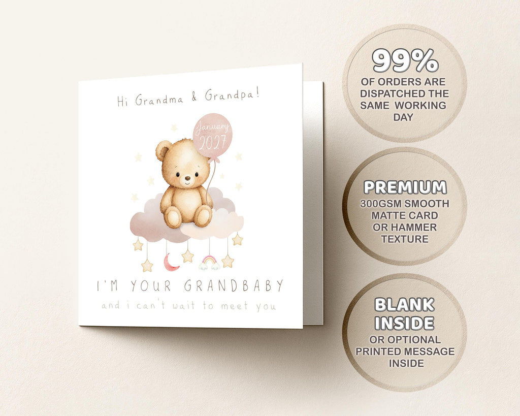 Pregnancy Announcement Card for Grandparents, Baby Reveal with Due Date Teddy Bear Design