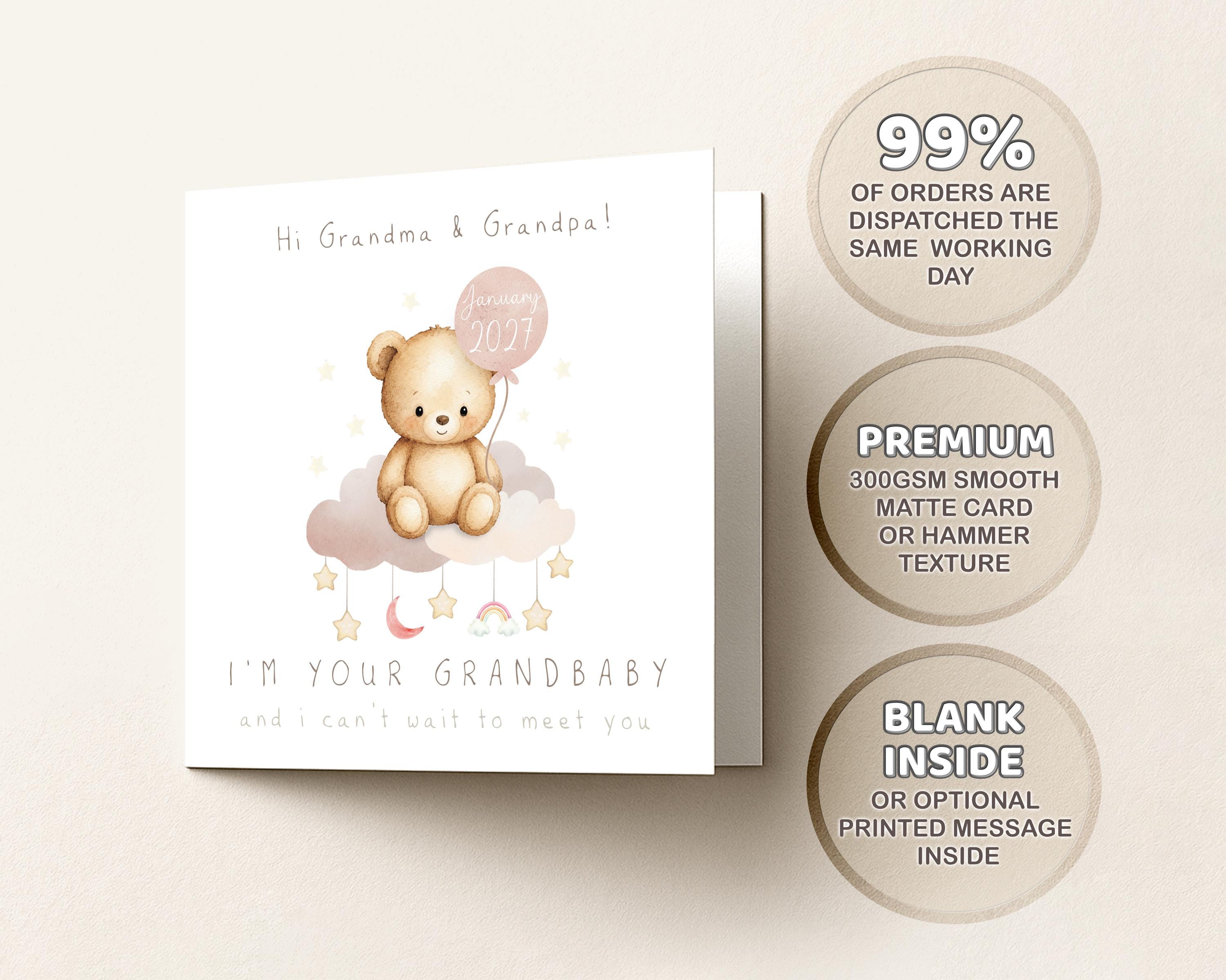 Pregnancy Announcement Card for Grandparents, Baby Reveal with Due Date Teddy Bear Design