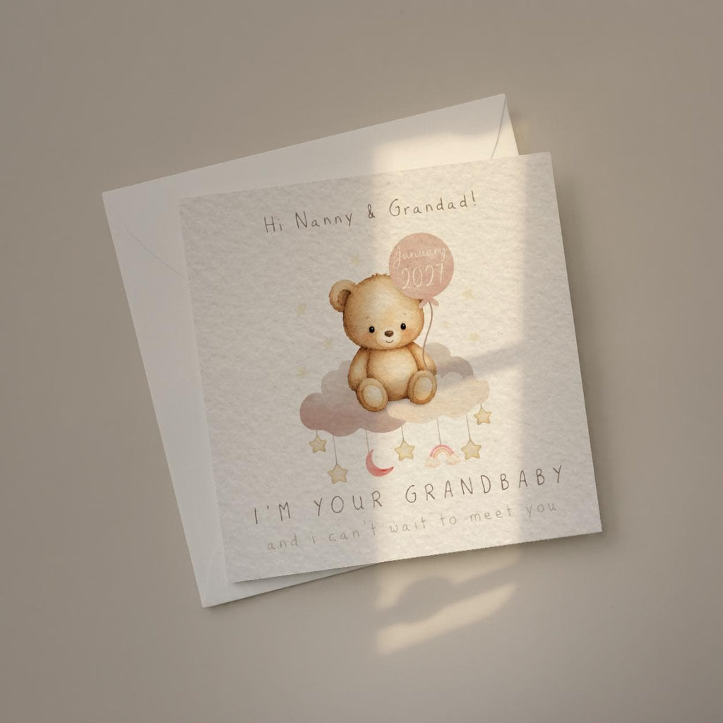 Pregnancy Announcement Card for Grandparents, Baby Reveal with Due Date Teddy Bear Design