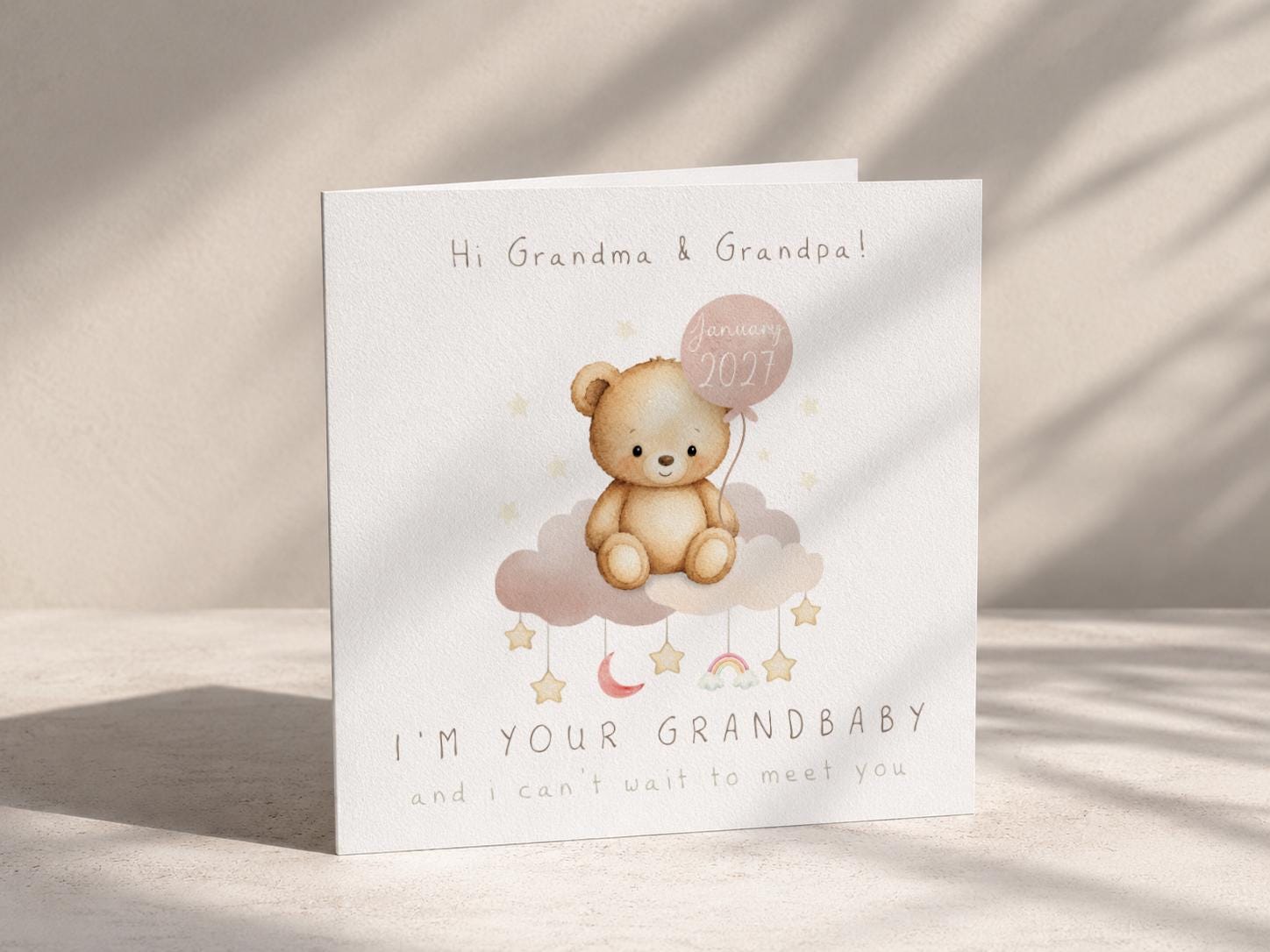 Pregnancy Announcement Card for Grandparents, Baby Reveal with Due Date Teddy Bear Design