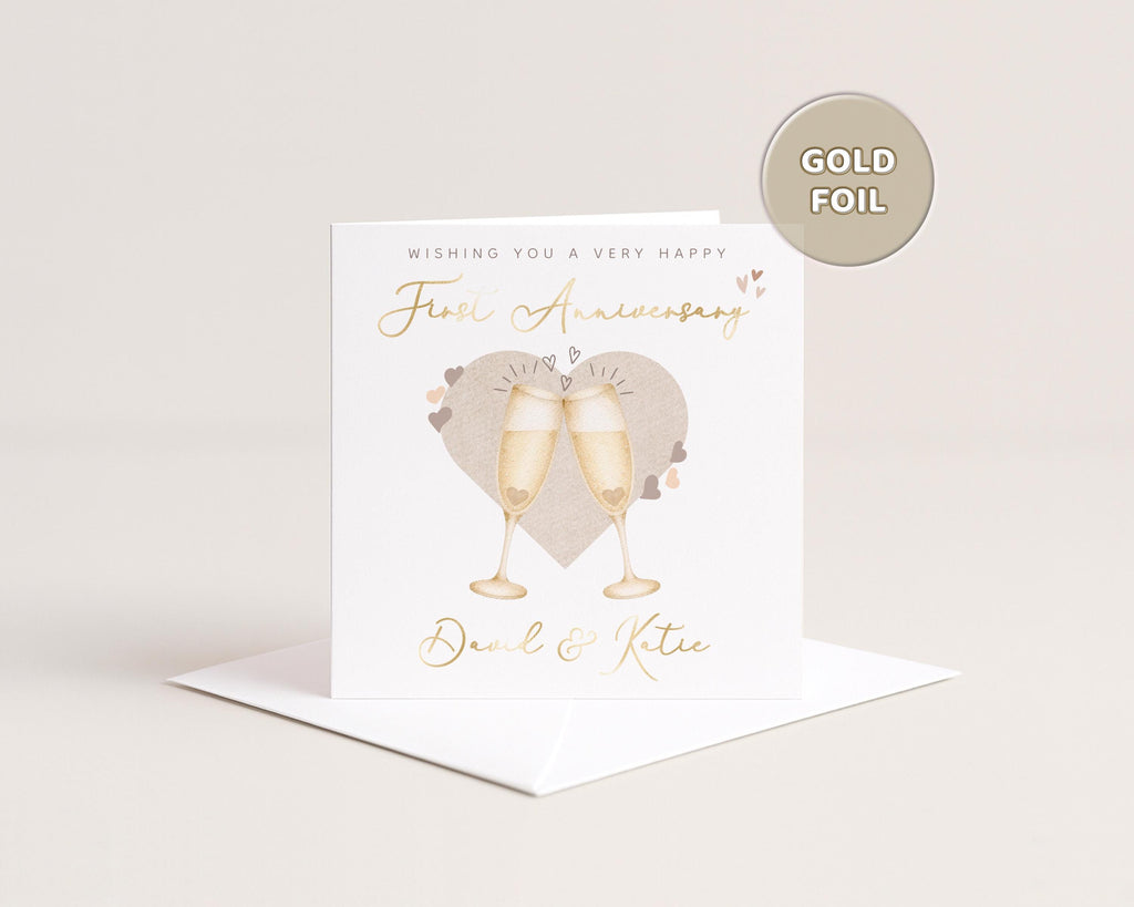 Personalised First Anniversary Card for Couple with Names and Gold Foil Champagne Glasses