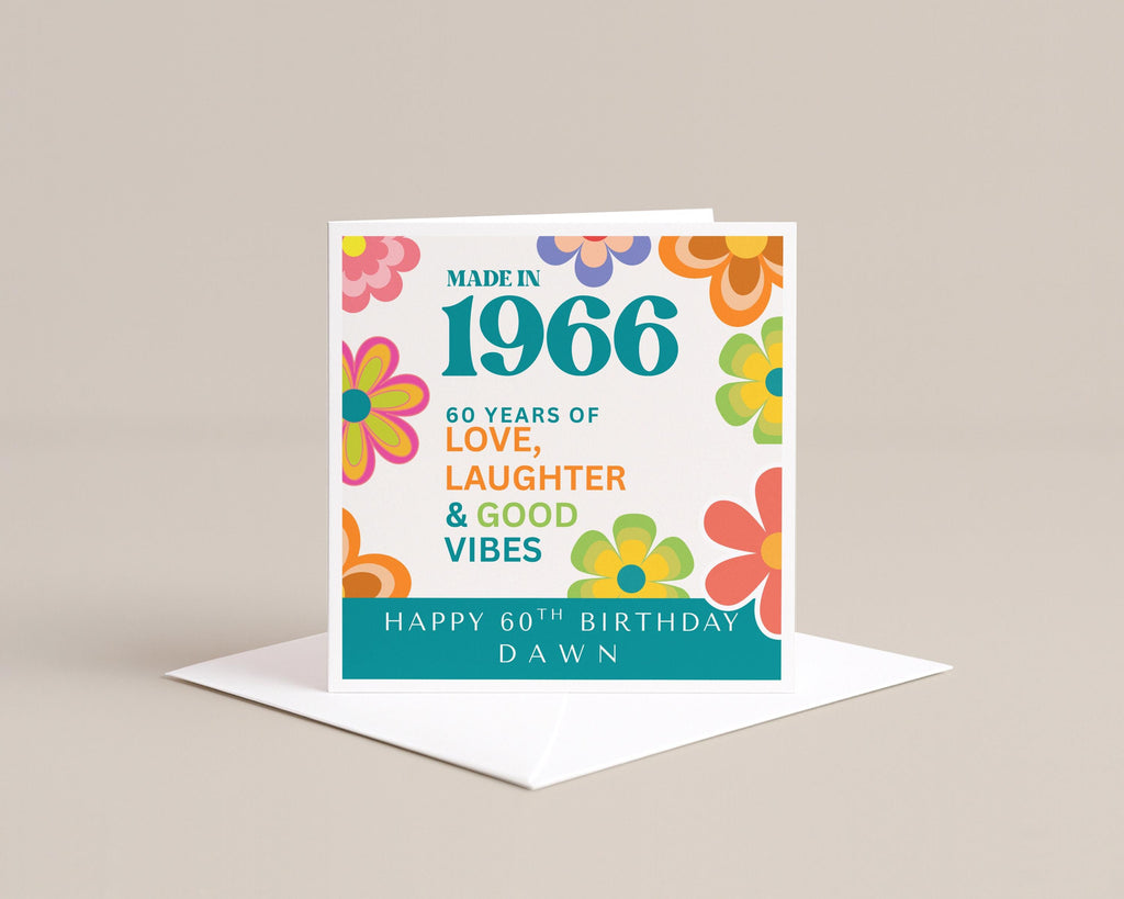 Personalised 60th Birthday Card, 1966 Retro Floral Design with Custom Name
