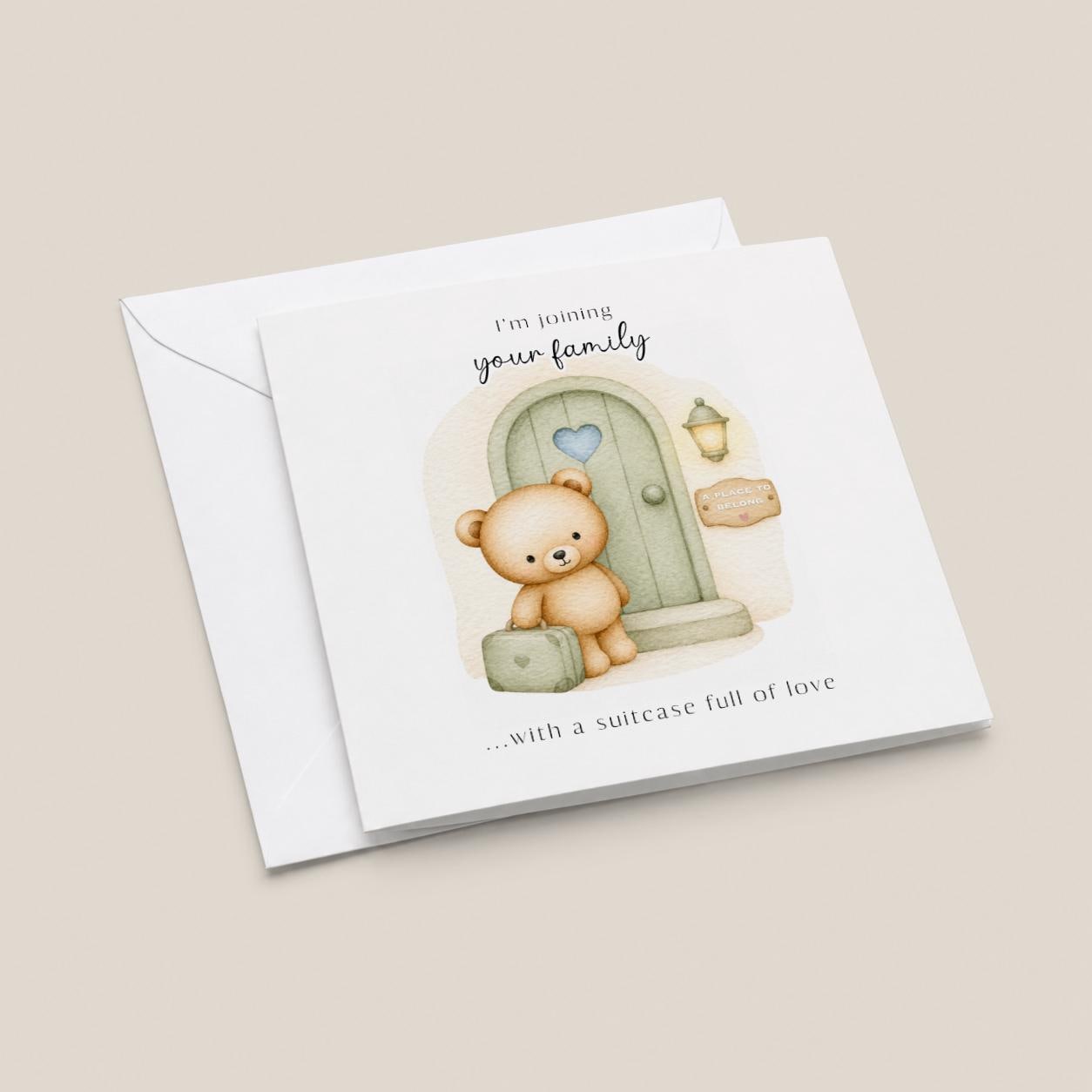I'm Joining Your Family Adoption Card, Adopted Child Teddy Bear Suitcase