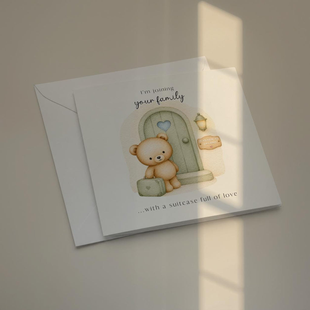I'm Joining Your Family Adoption Card, Adopted Child Teddy Bear Suitcase