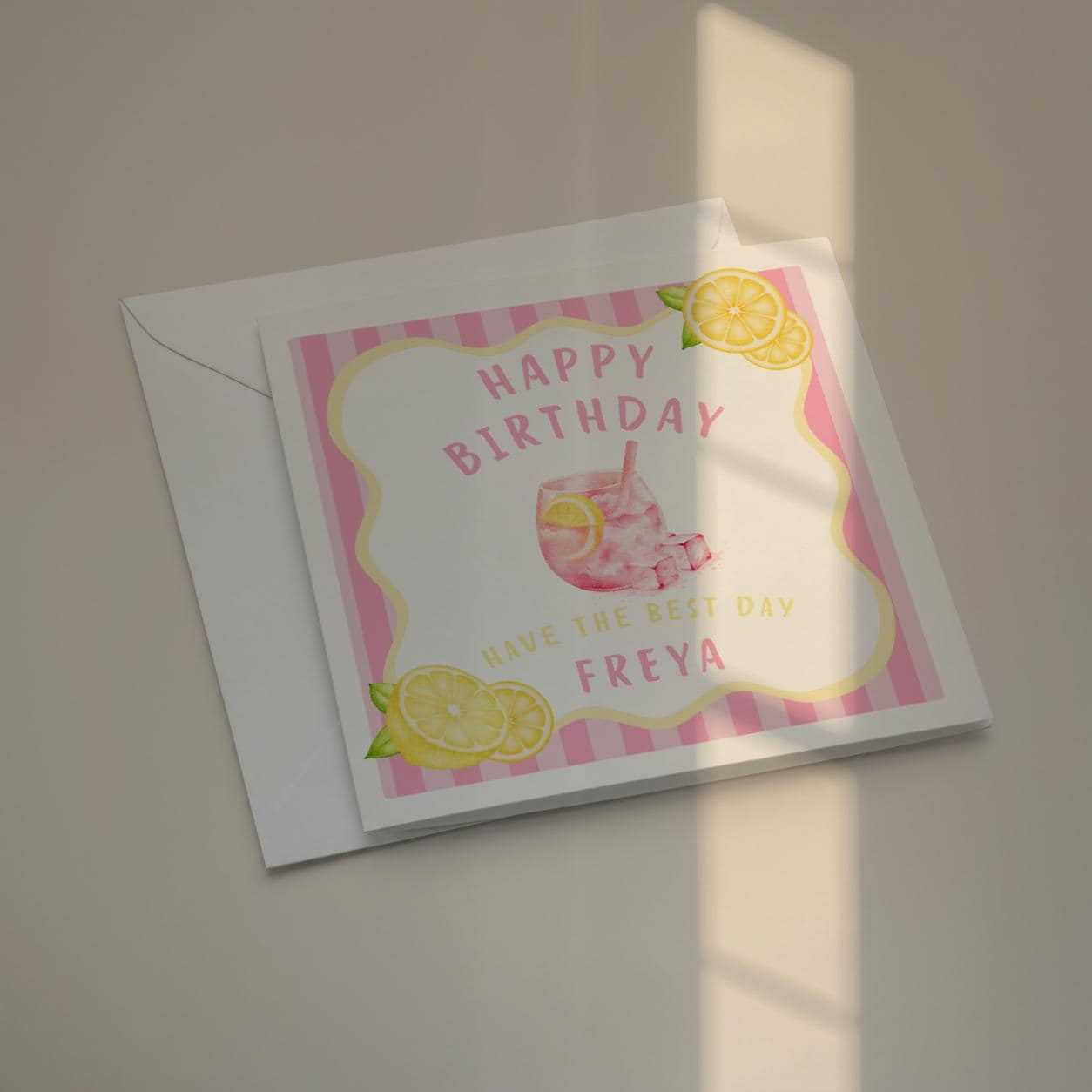 Lemon Birthday Card With Name, Bright Pink Summer Design, Citrus Happy Birthday