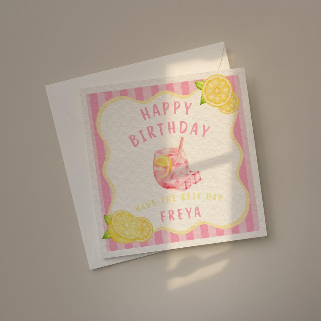 Lemon Birthday Card With Name, Bright Pink Summer Design, Citrus Happy Birthday