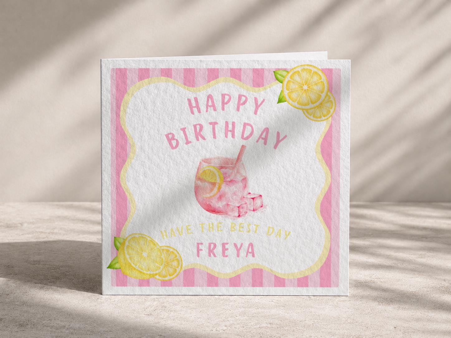 Lemon Birthday Card With Name, Bright Pink Summer Design, Citrus Happy Birthday