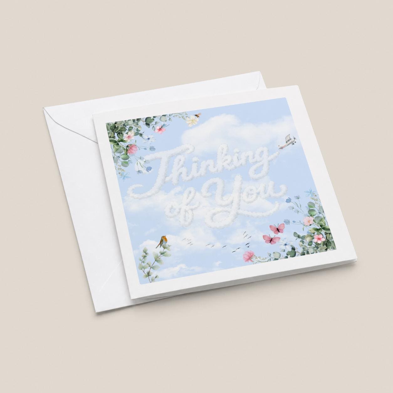 Thinking of You Card for Friend or Loved One, Soft Sky and Floral Design