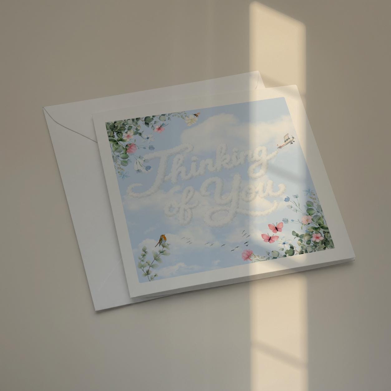 Thinking of You Card for Friend or Loved One, Soft Sky and Floral Design
