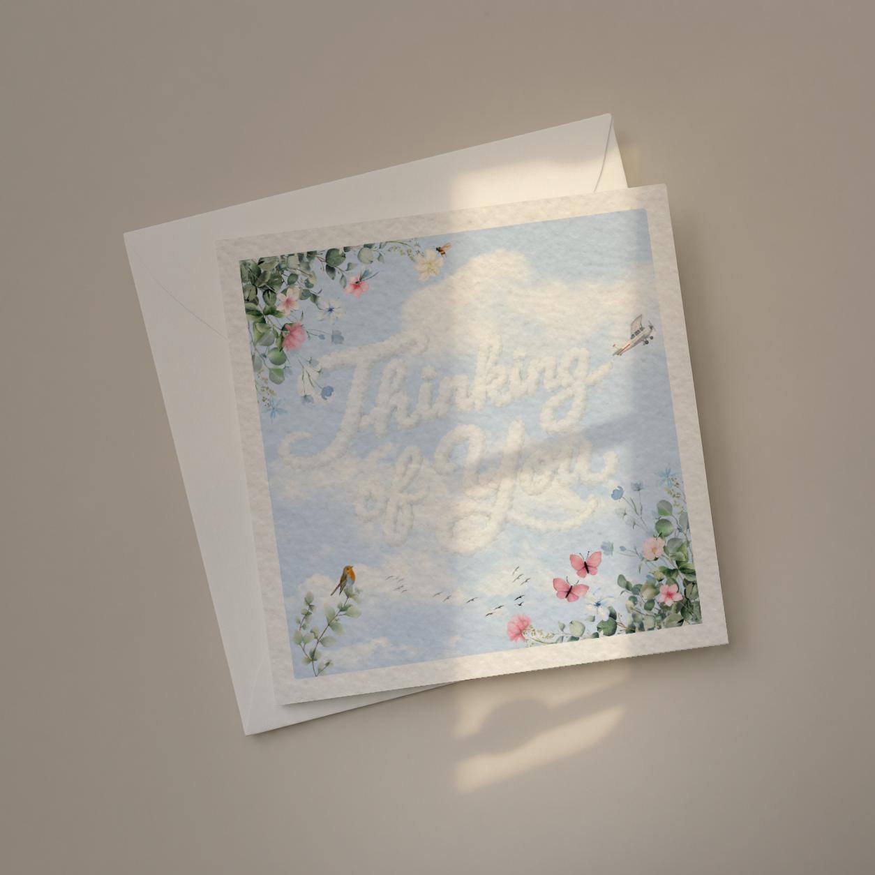 Thinking of You Card for Friend or Loved One, Soft Sky and Floral Design