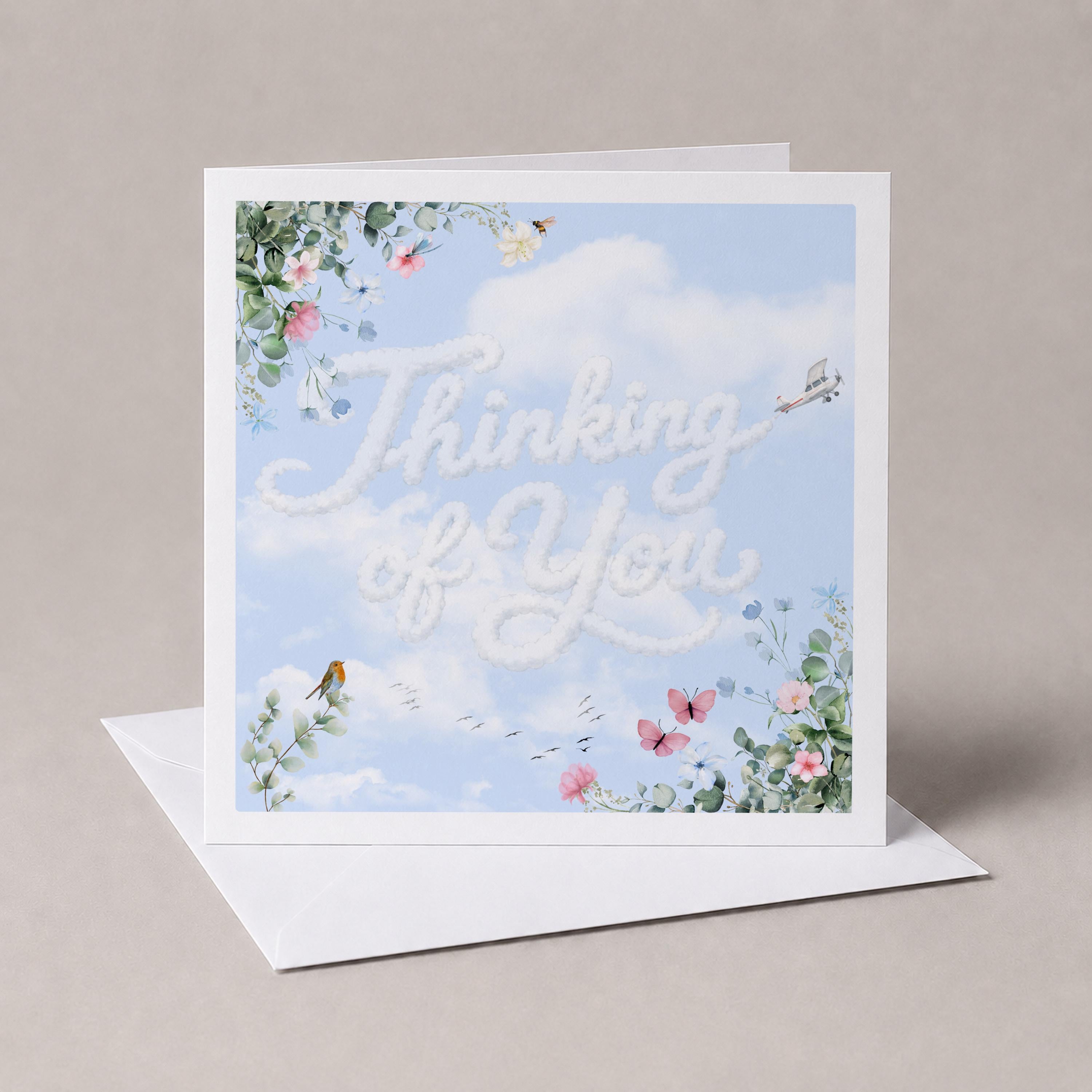 Thinking of You Card for Friend or Loved One, Soft Sky and Floral Design