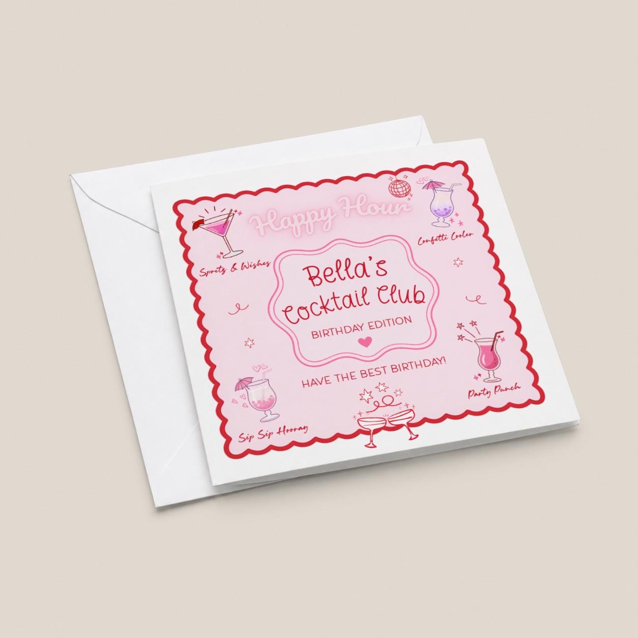 Personalised Cocktail Club Birthday Card, Pink & Red Theme For Cocktail Lover
