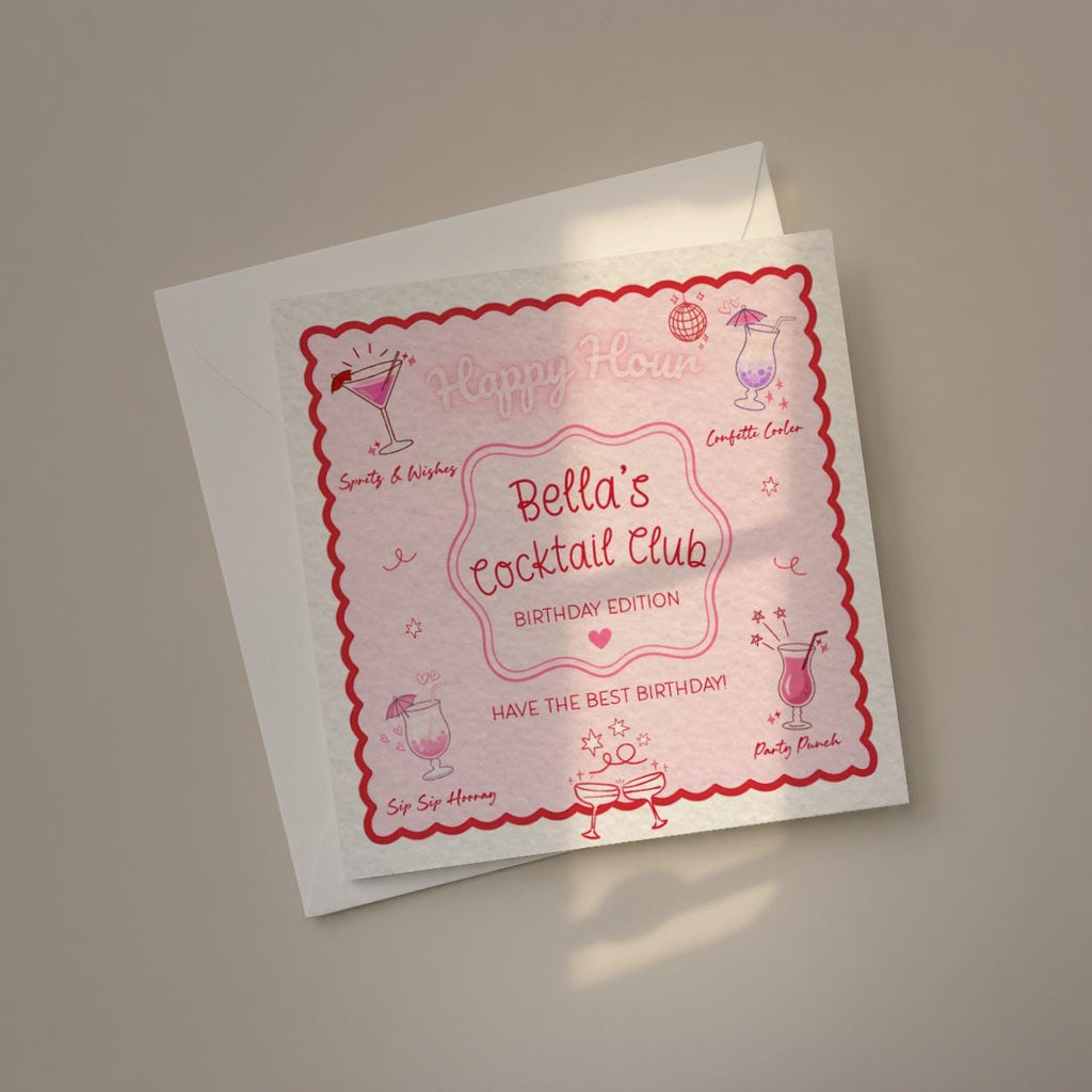Personalised Cocktail Club Birthday Card, Pink & Red Theme For Cocktail Lover