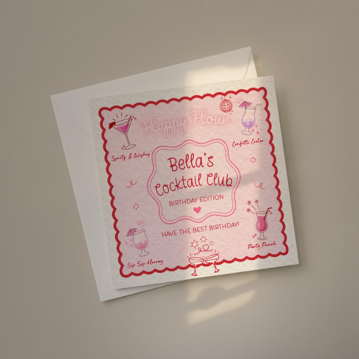 Personalised Cocktail Club Birthday Card, Pink & Red Theme For Cocktail Lover