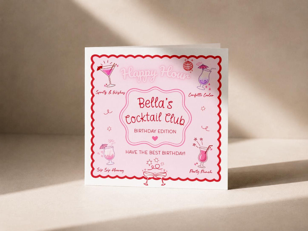 Personalised Cocktail Club Birthday Card, Pink & Red Theme For Cocktail Lover