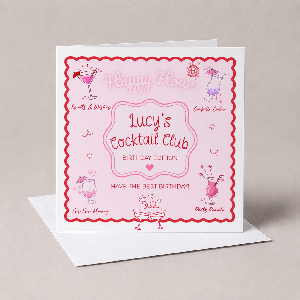 Personalised Cocktail Club Birthday Card, Pink & Red Theme For Cocktail Lover