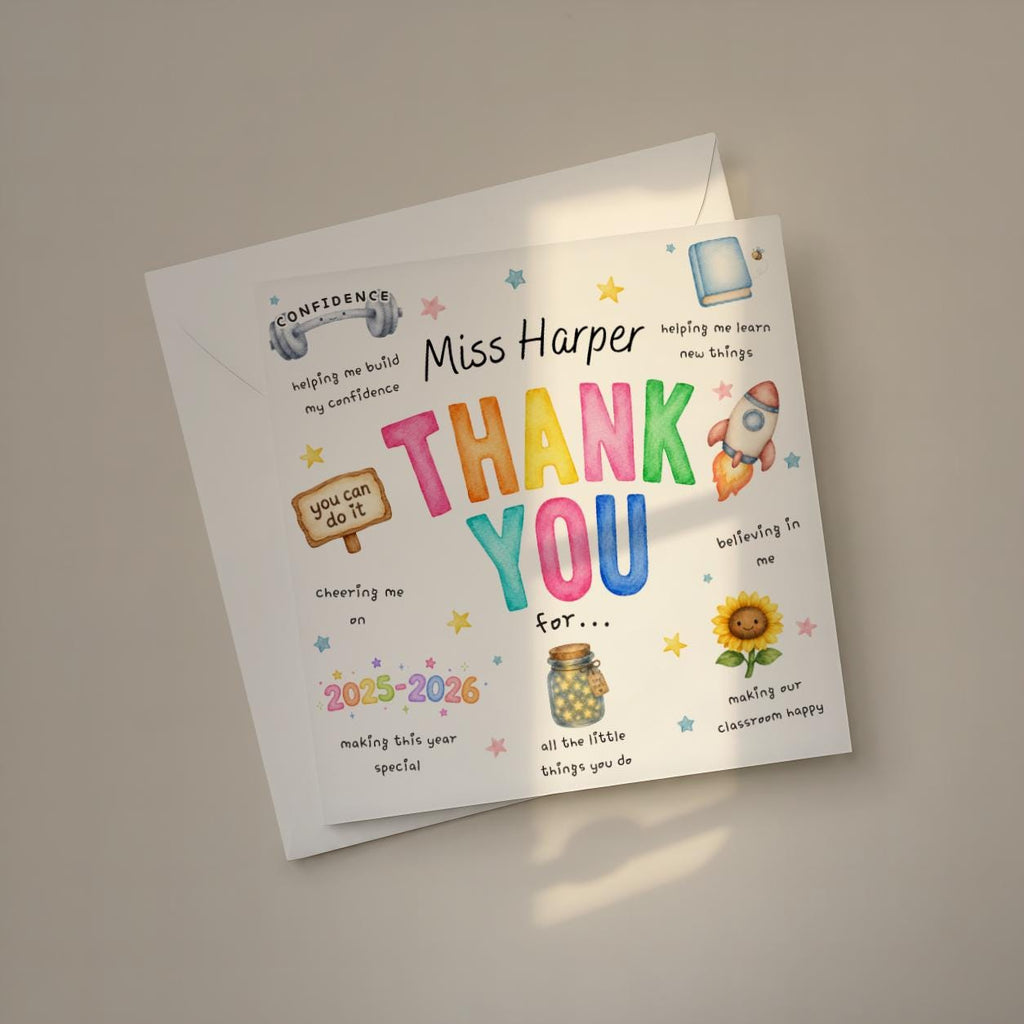 Personalised Teacher Thank You Card, Custom Name, End of School Year