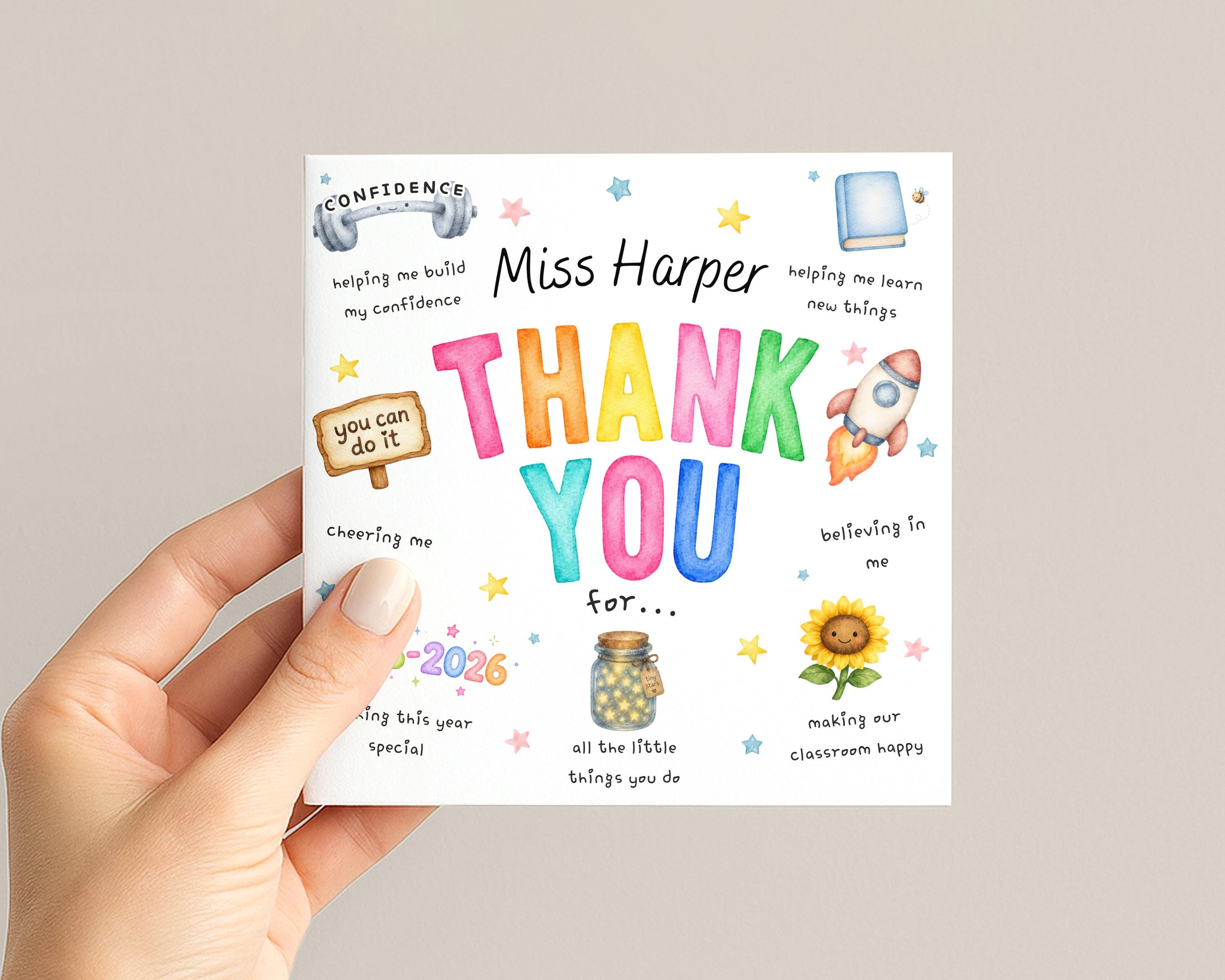 Personalised Teacher Thank You Card, Custom Name, End of School Year