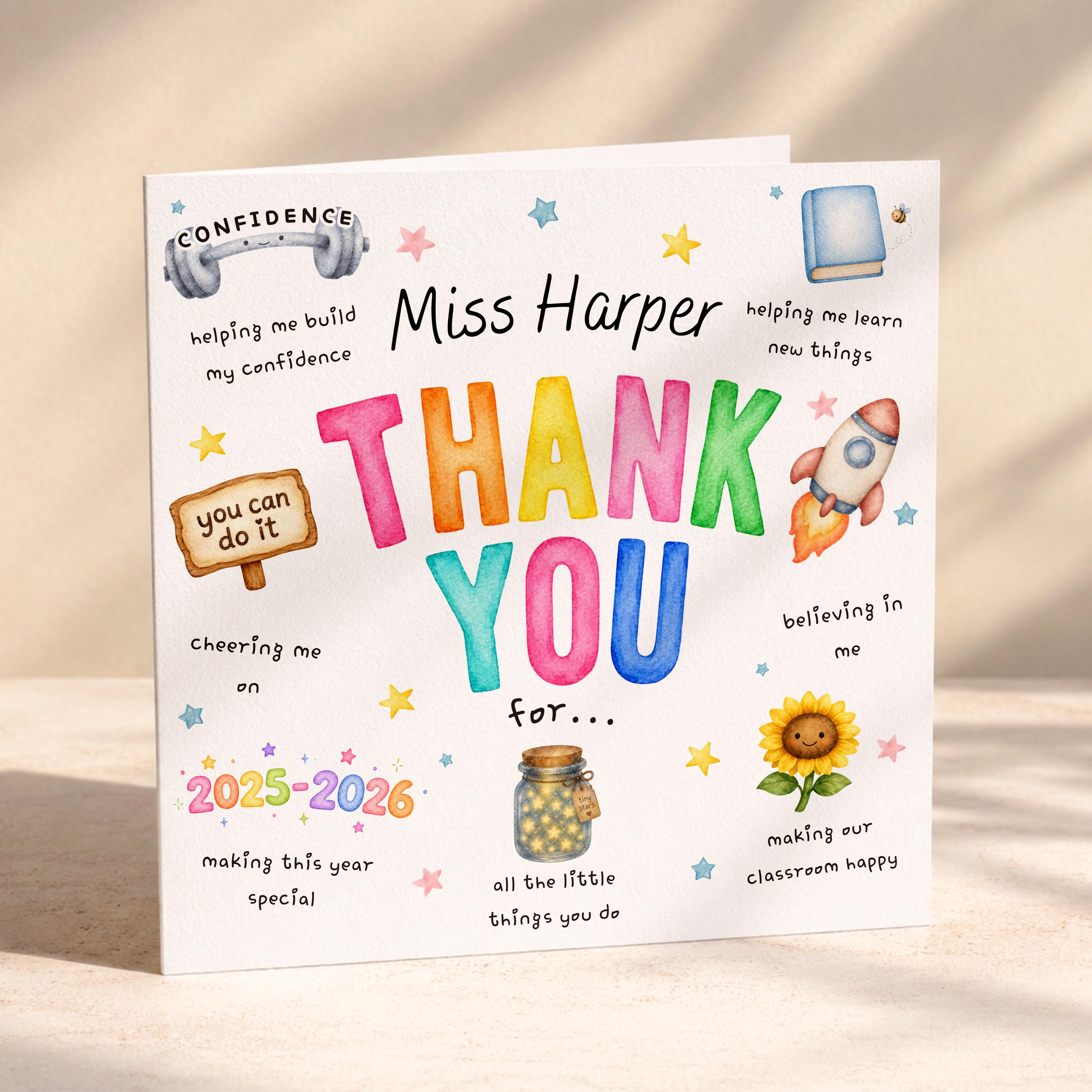 Personalised Teacher Thank You Card, Custom Name, End of School Year