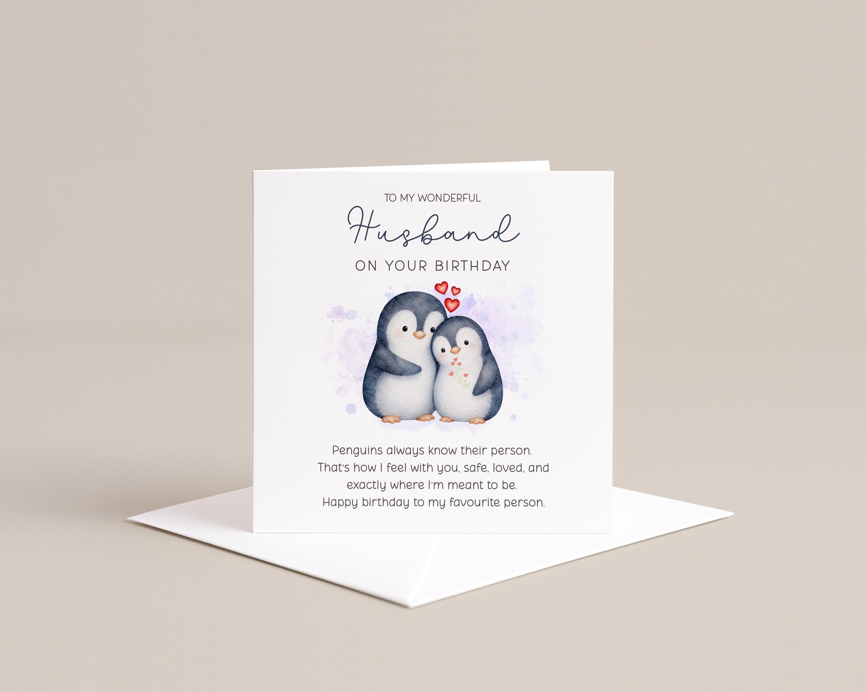 Birthday Card for Husband, Penguin Couple Design with Printed Verse for Your Favourite Person