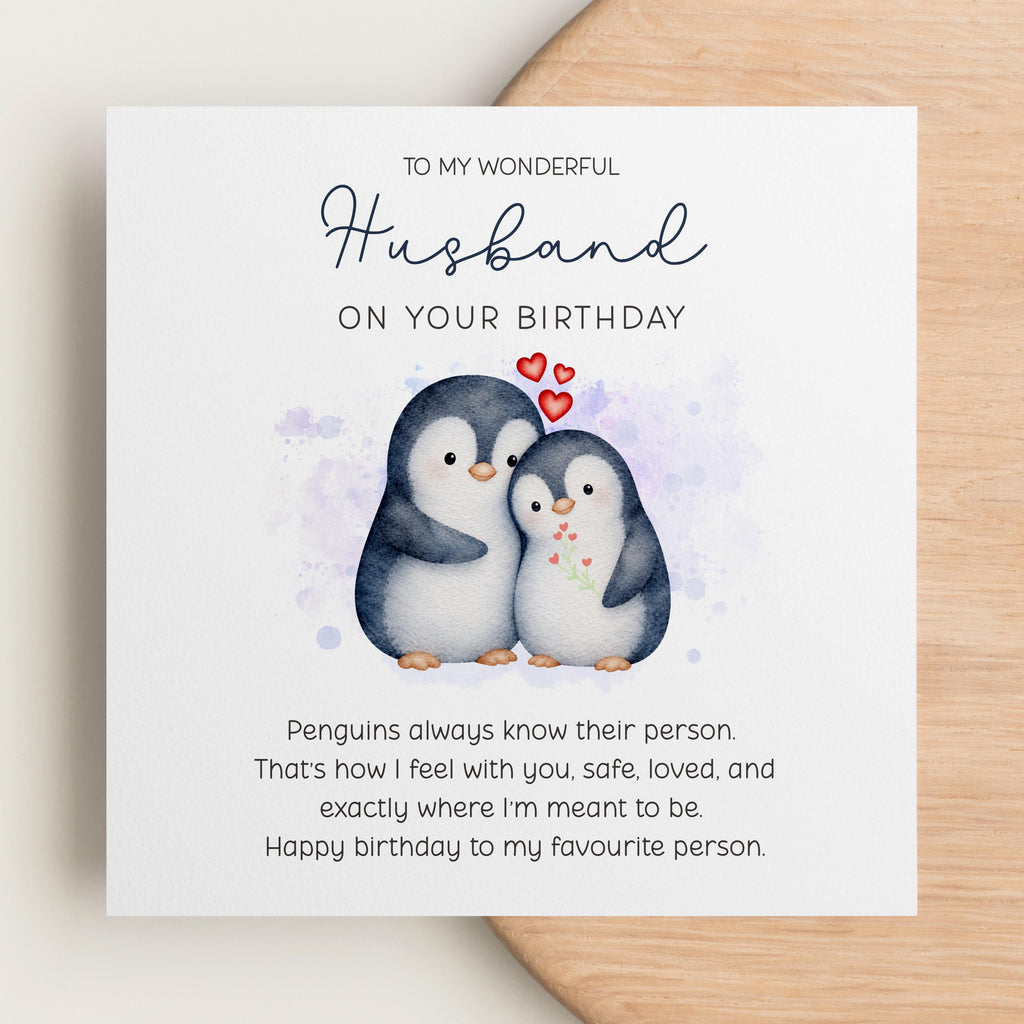 Birthday Card for Husband, Penguin Couple Design with Printed Verse for Your Favourite Person