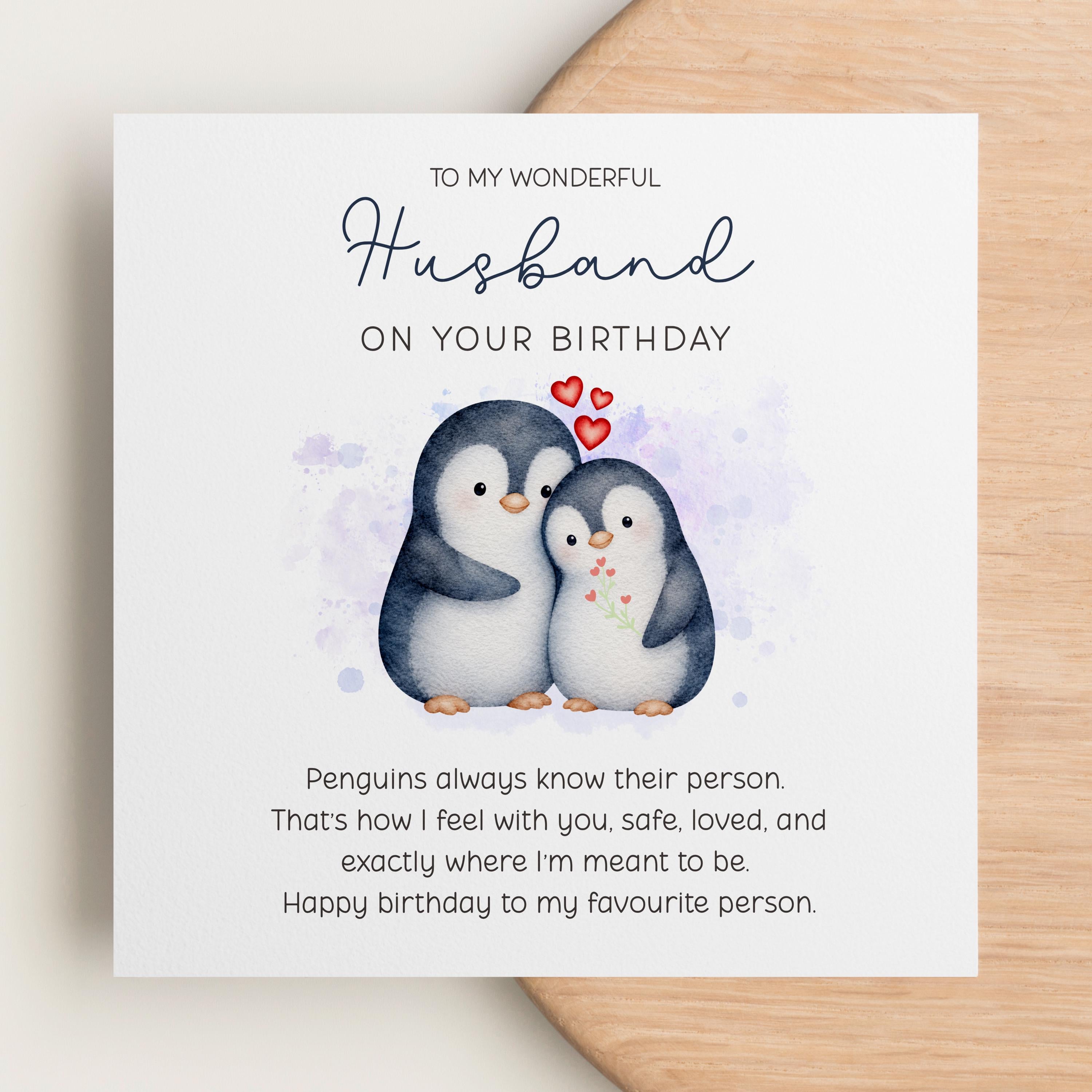 Birthday Card for Husband, Penguin Couple Design with Printed Verse for Your Favourite Person