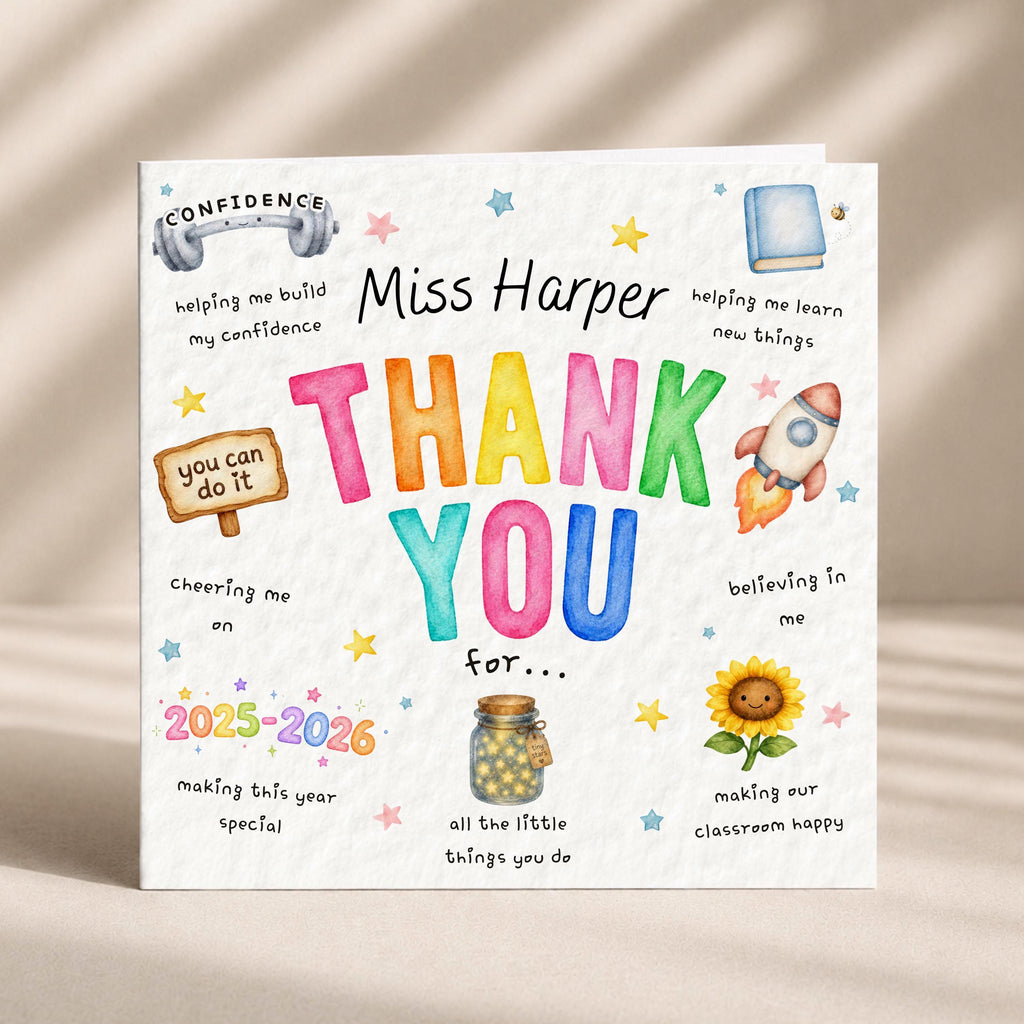 Personalised Teacher Thank You Card, Custom Name, End of School Year