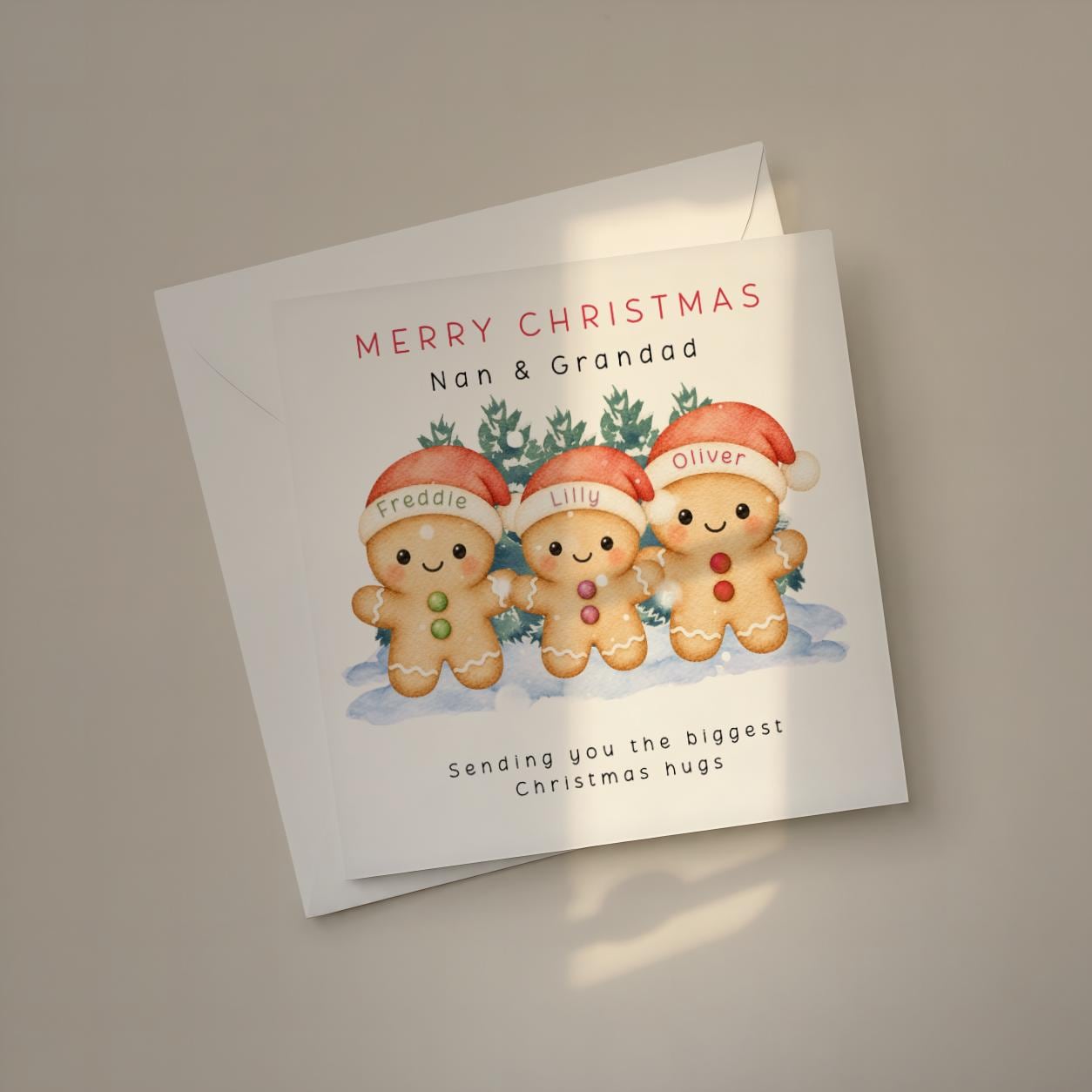 Personalised Family Christmas Card with Named Gingerbread Children and Custom Recipient Wording