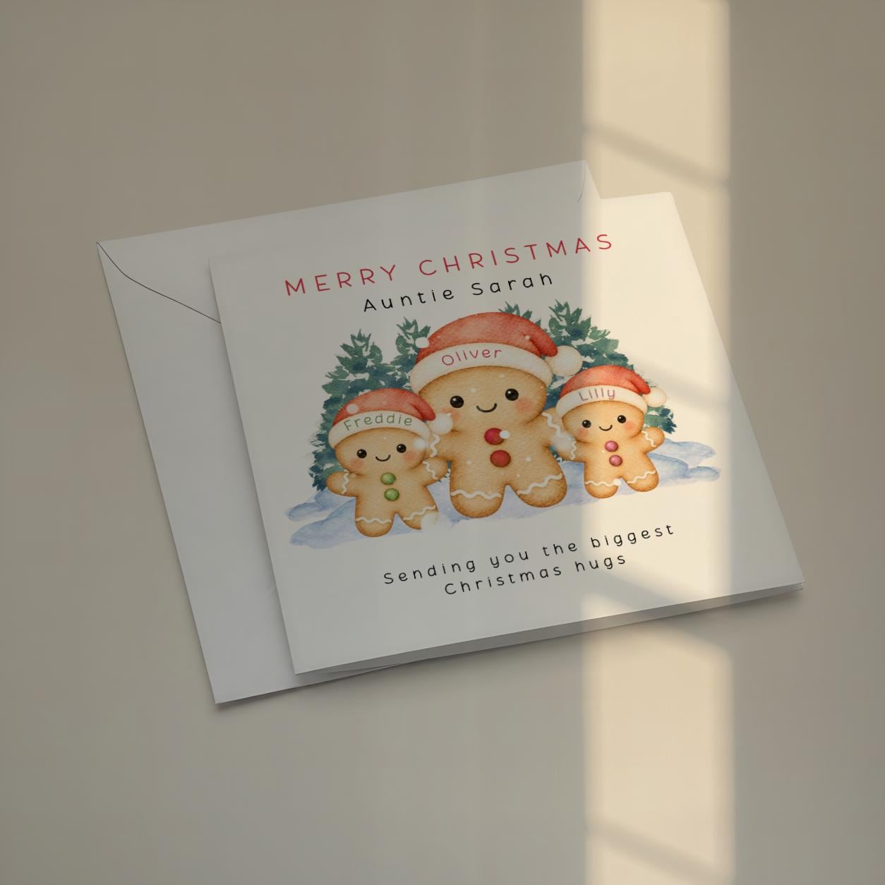 Personalised Family Christmas Card with Named Gingerbread Children and Custom Recipient Wording