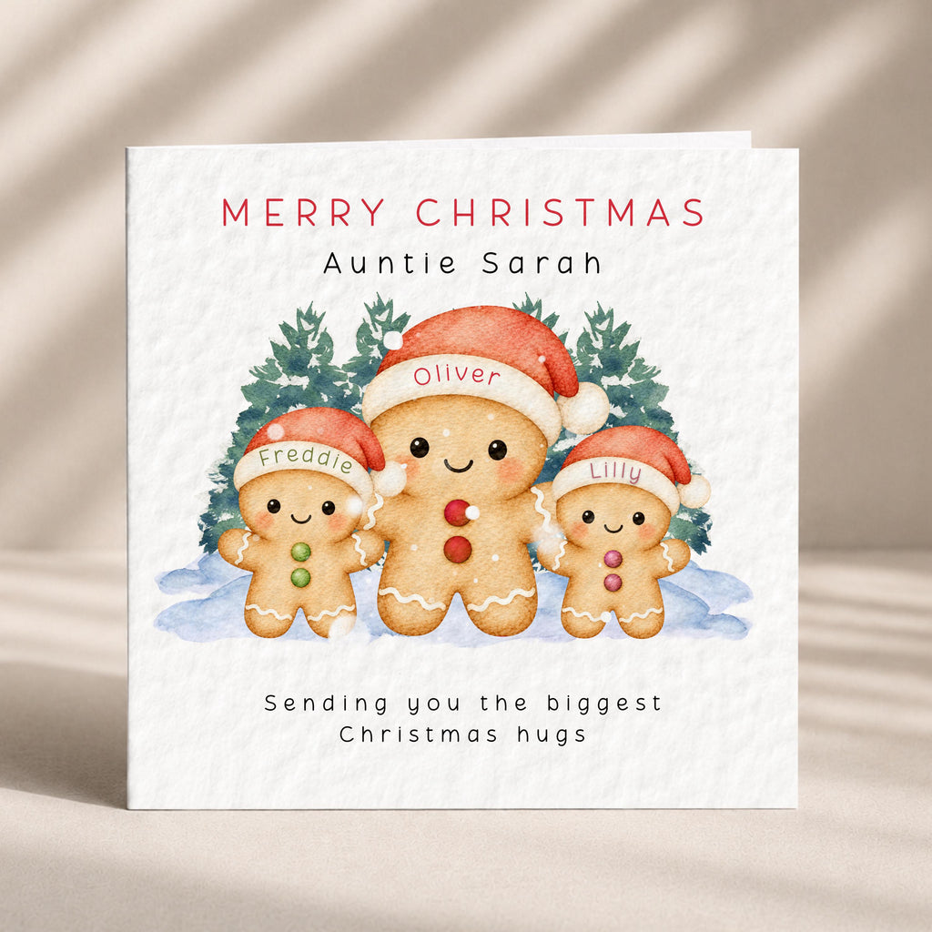Personalised Family Christmas Card with Named Gingerbread Children and Custom Recipient Wording