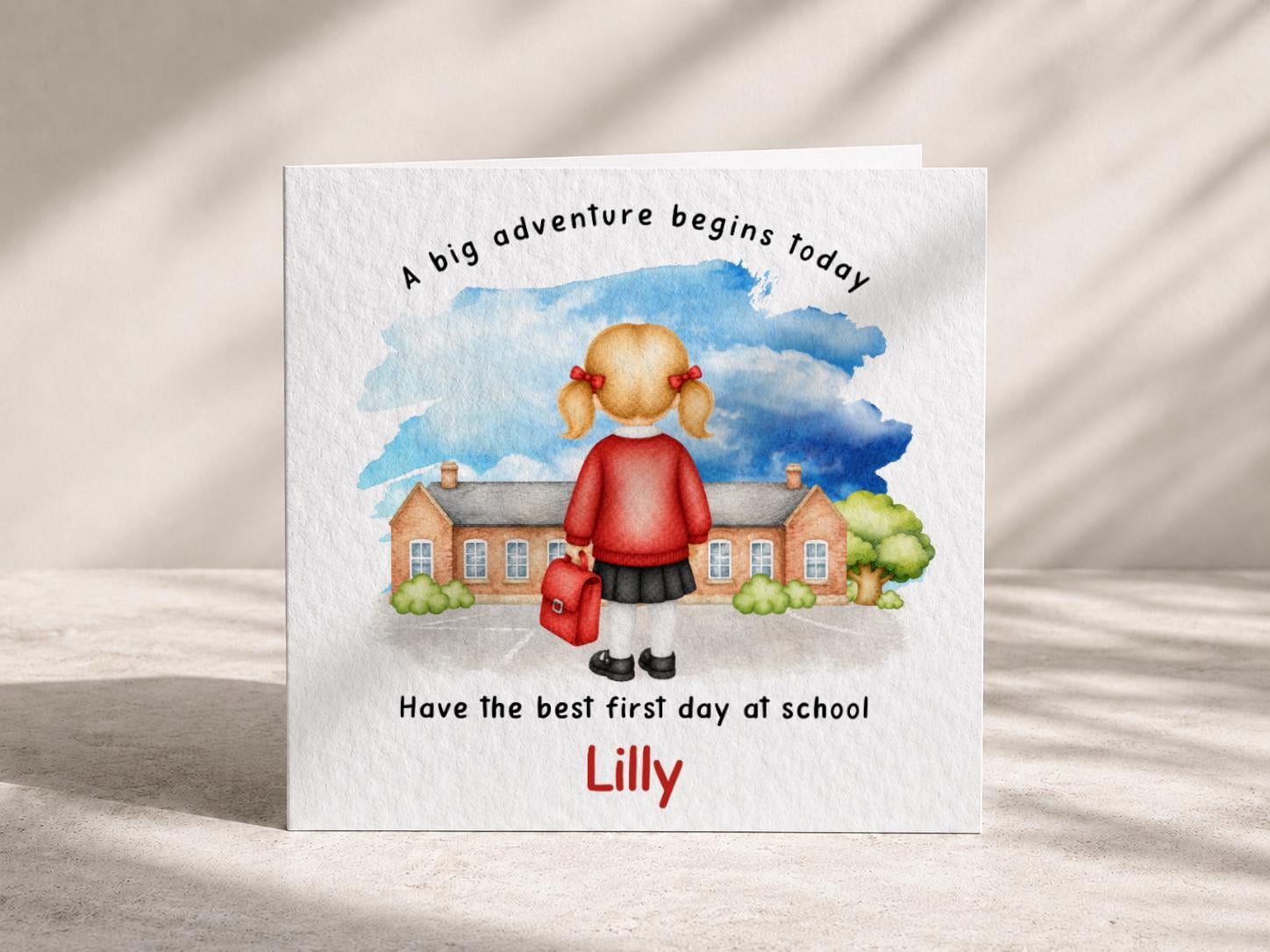 First day at school card for girl, New Starter Card, Custom Name and Uniform