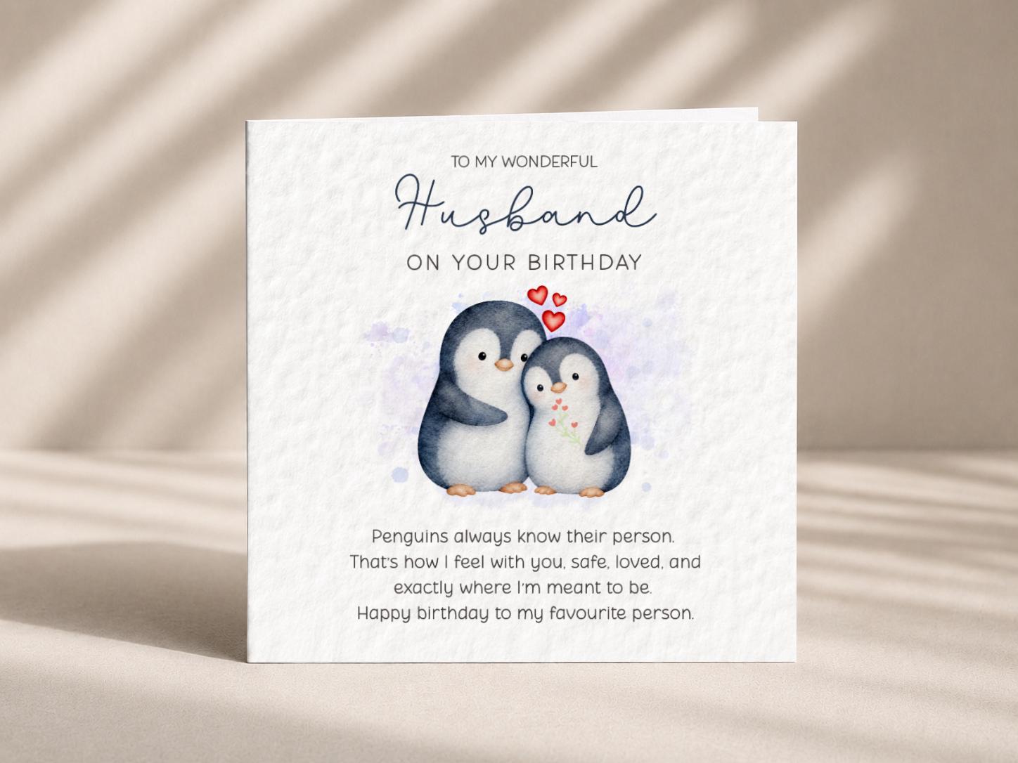 Birthday Card for Husband, Couple Penguin Couple with Romantic Message, Love Verse