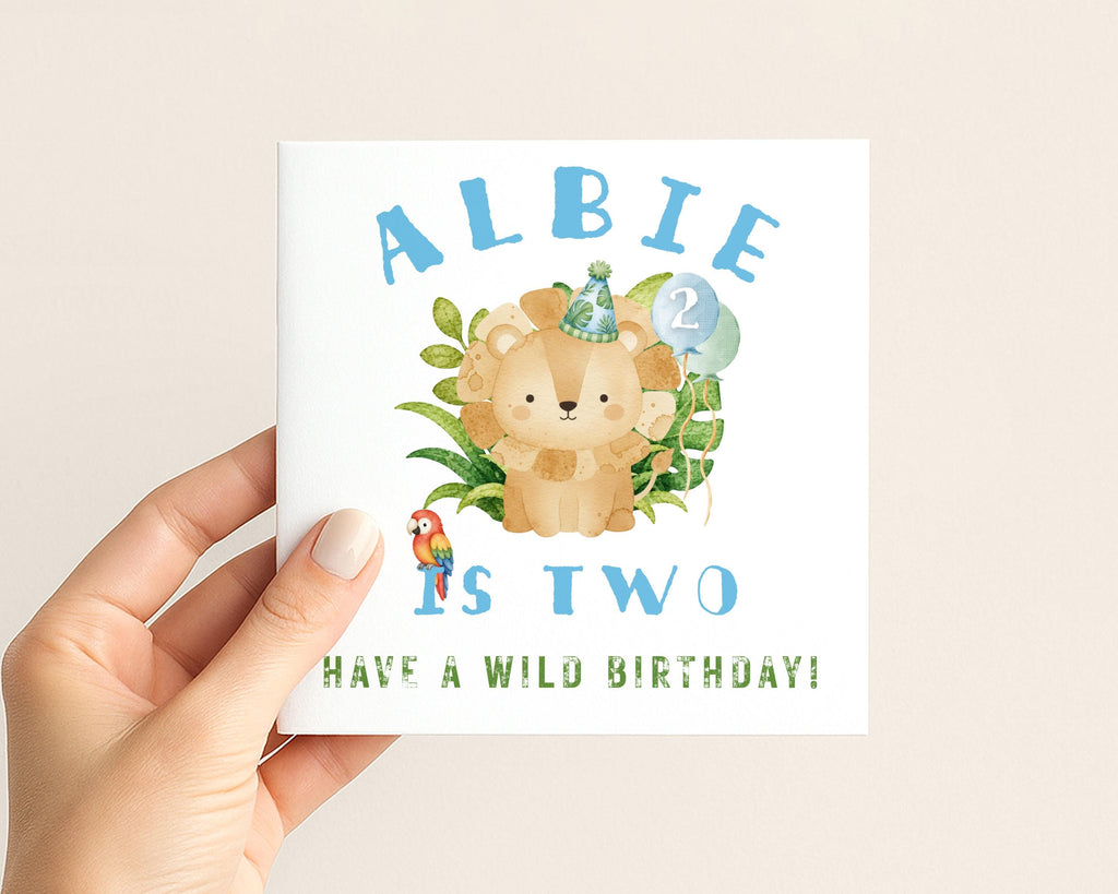 Personalised safari lion birthday card for boy age six with name