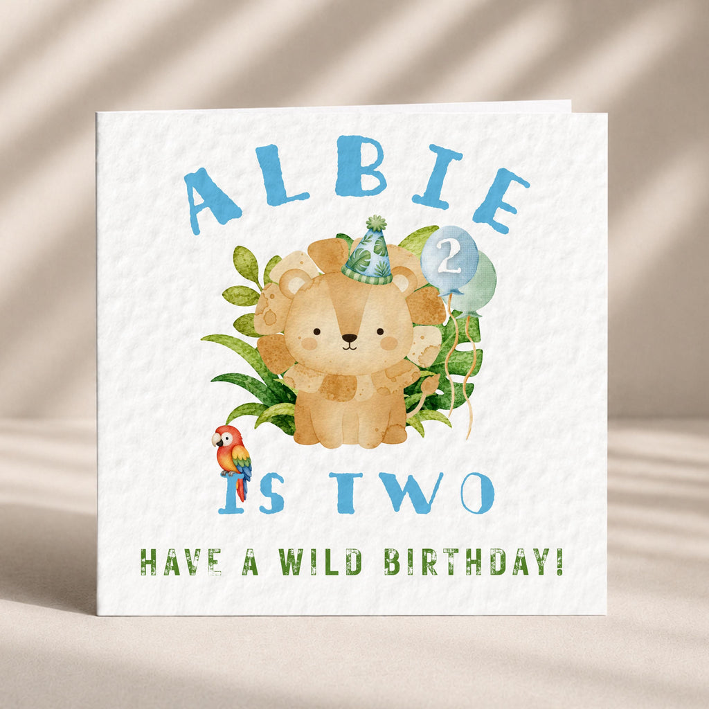 Personalised safari lion birthday card for boy age three with name