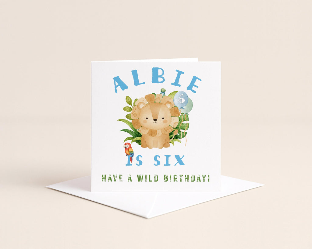 Square personalised safari birthday card with white envelope
